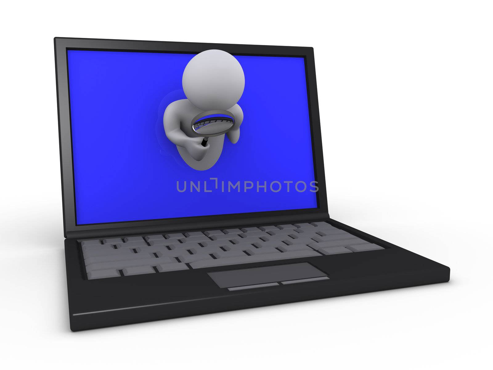 3d person holding a magnifier through a screen of a laptop