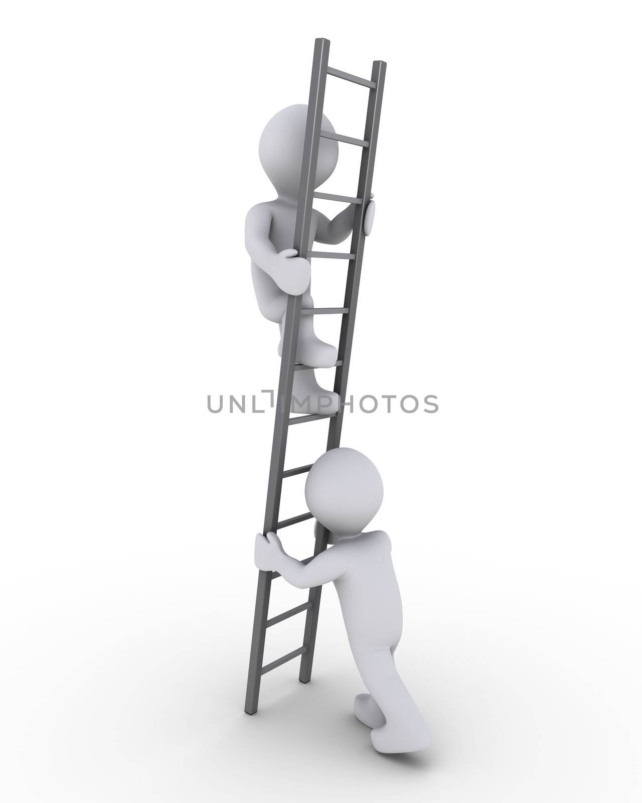 3d person is helping another to climb a grey ladder