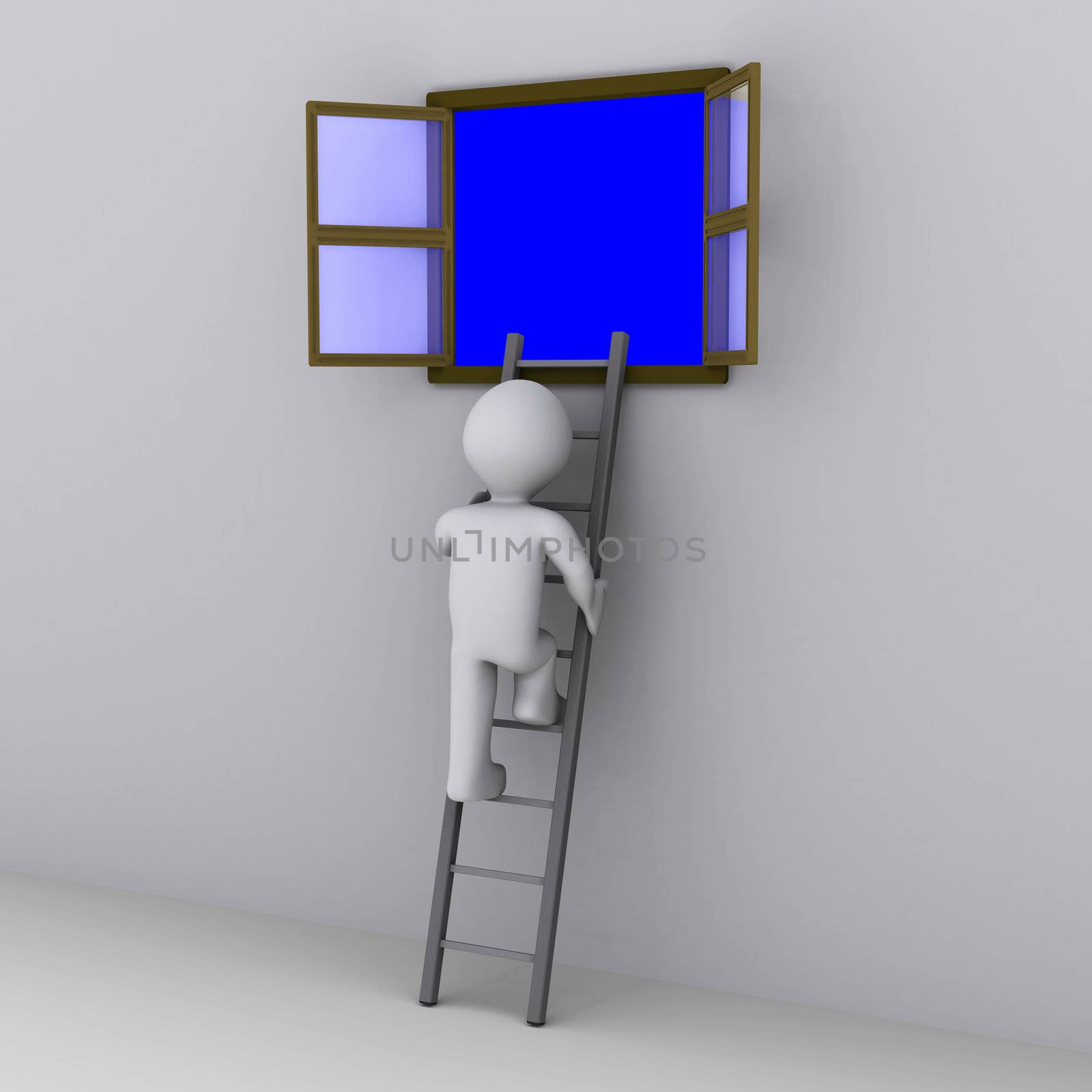 3d person climbing ladder to look out of open window