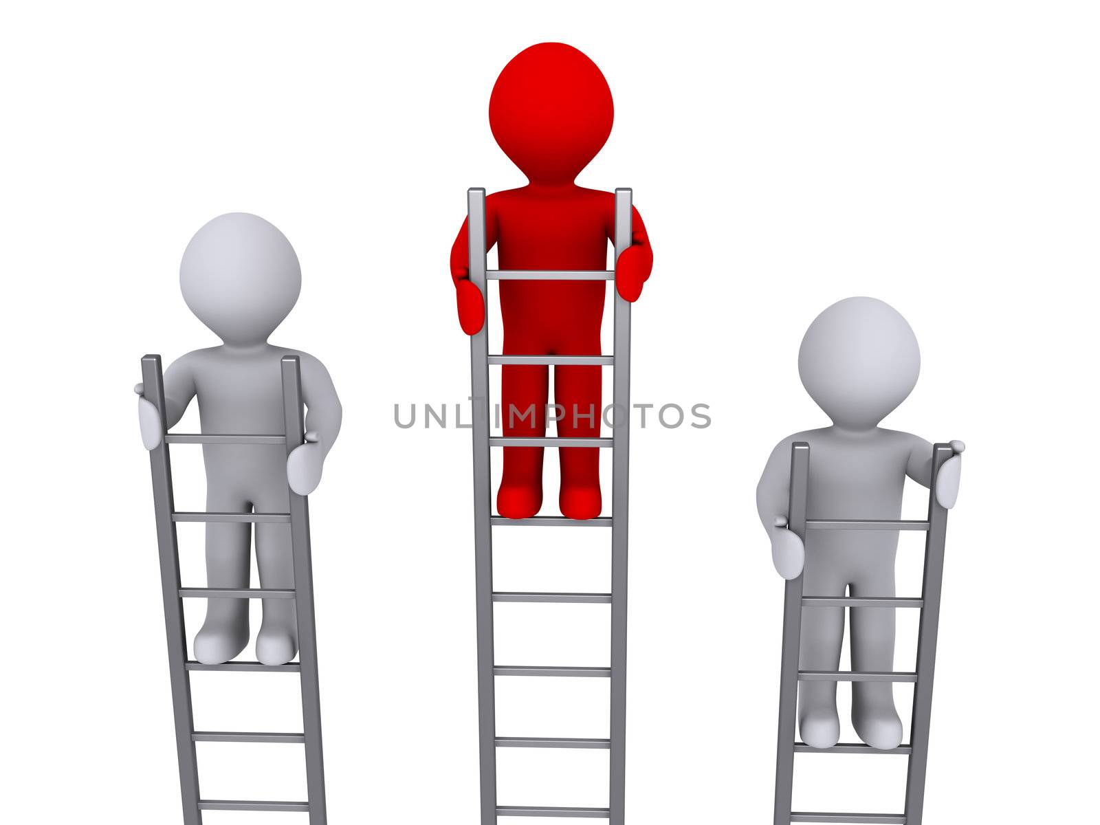 Three 3d persons on ladders and one is higher