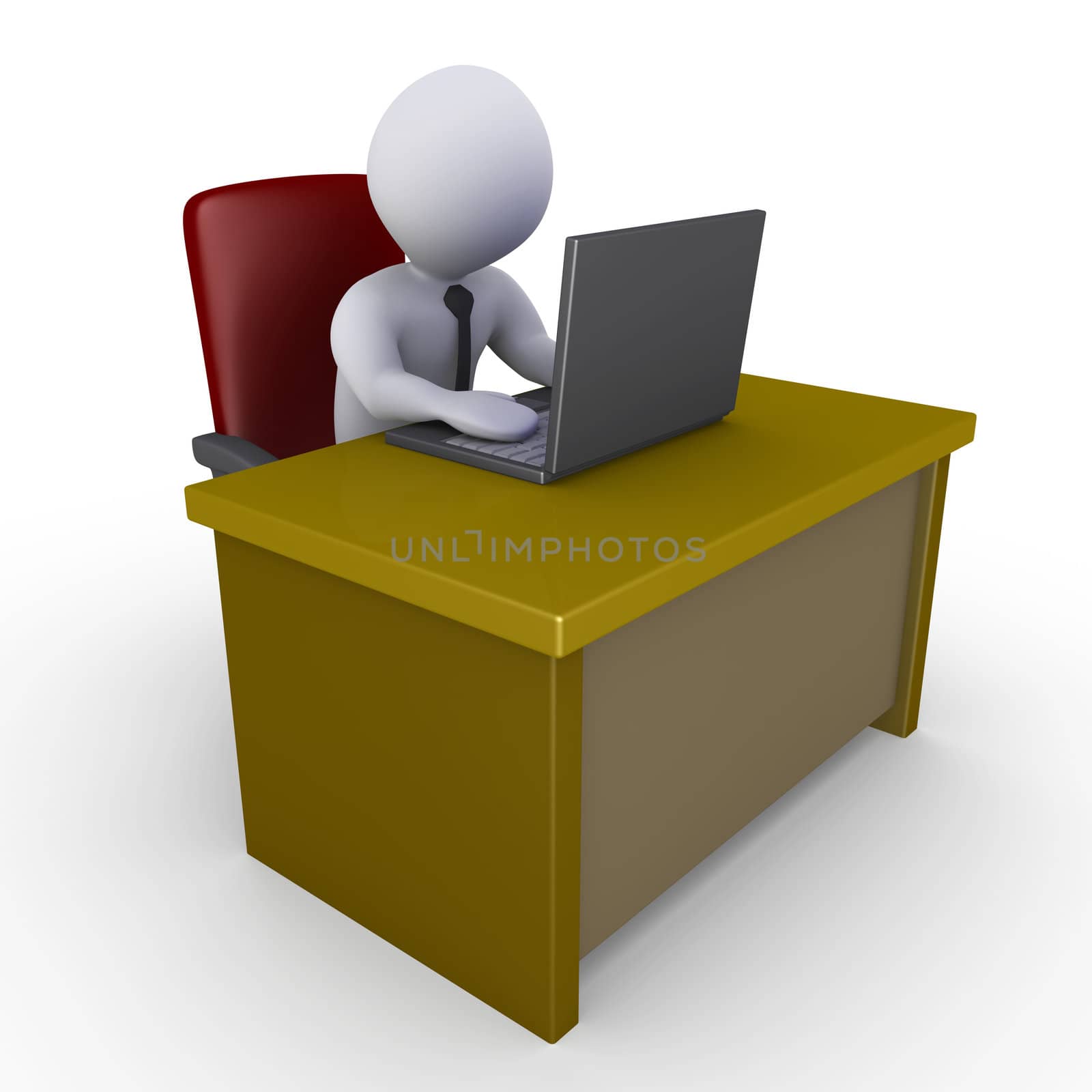 3d businessman sitting behind a desk and looking at a laptop