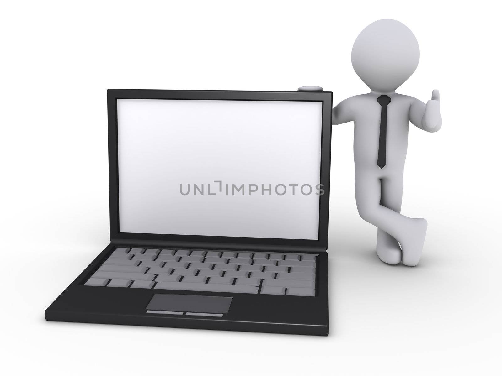 Happy 3d businessman holding a laptop