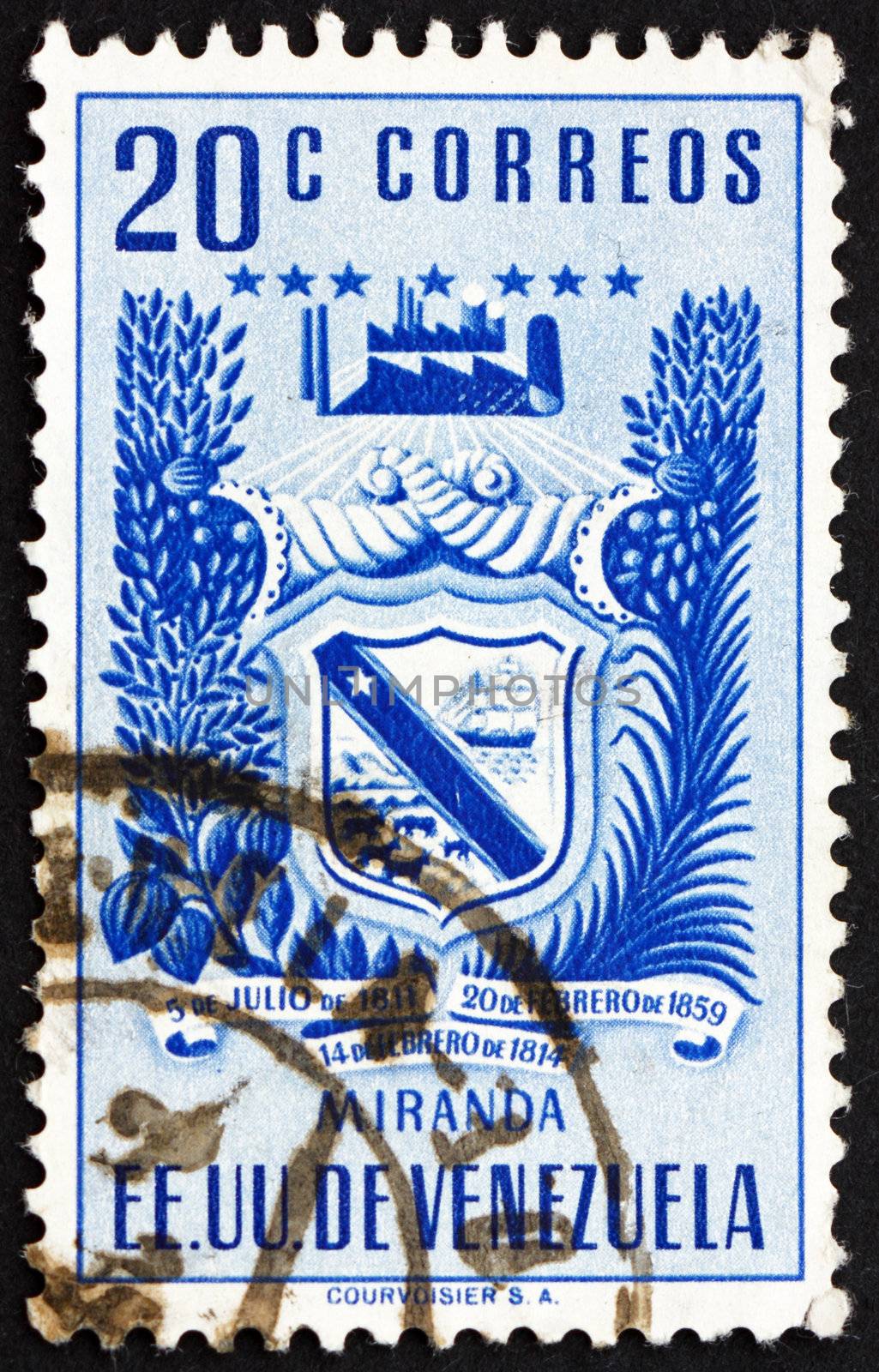 VENEZUELA - CIRCA 1952: a stamp printed in the Venezuela shows Arms of Miranda and Agricultural Products, Venezuela, circa 1952