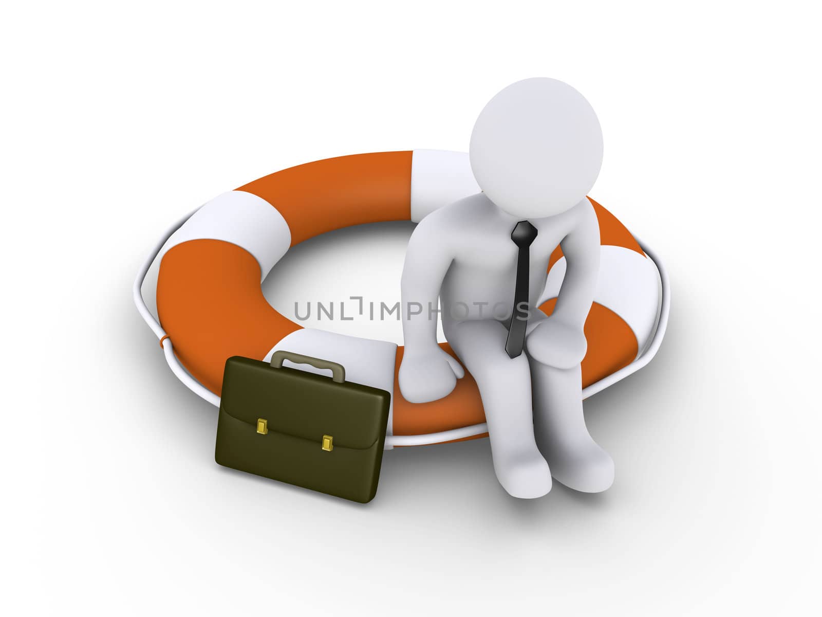 3d businessman is sitting on round lifebuoy