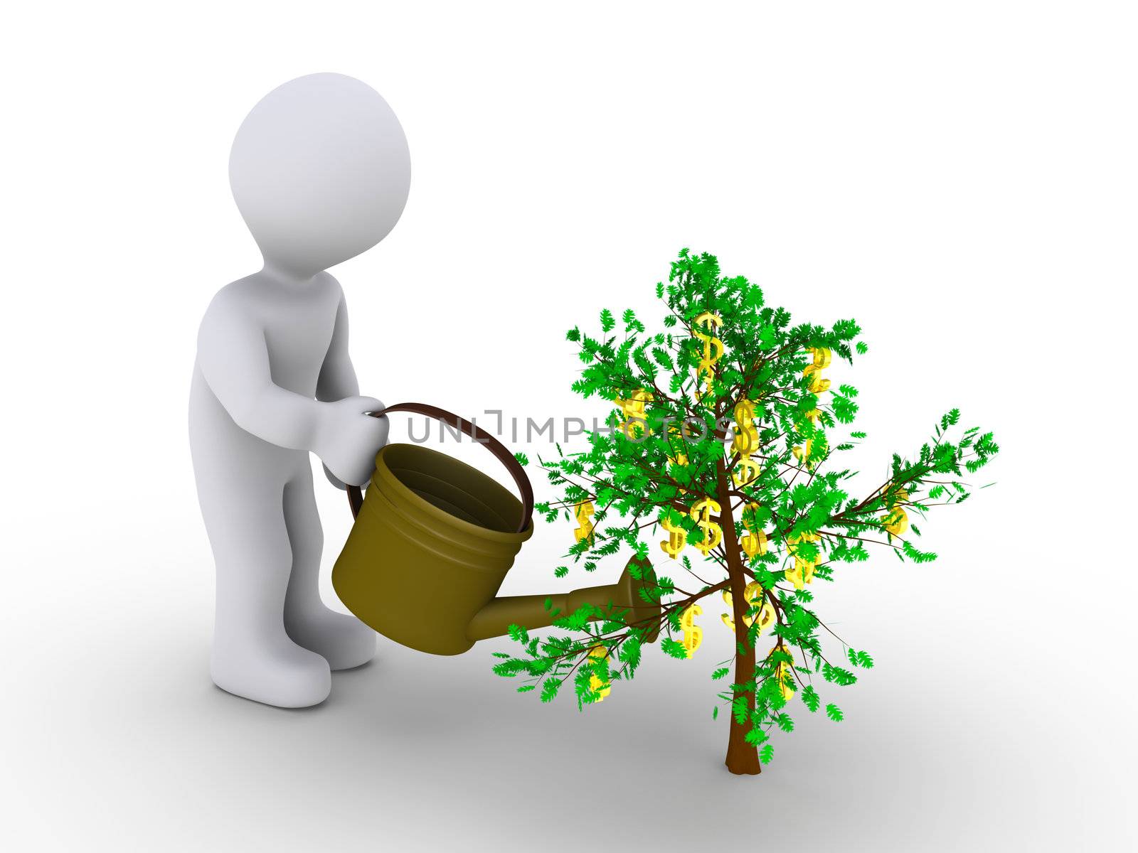 3d person is watering small tree with dollar signs