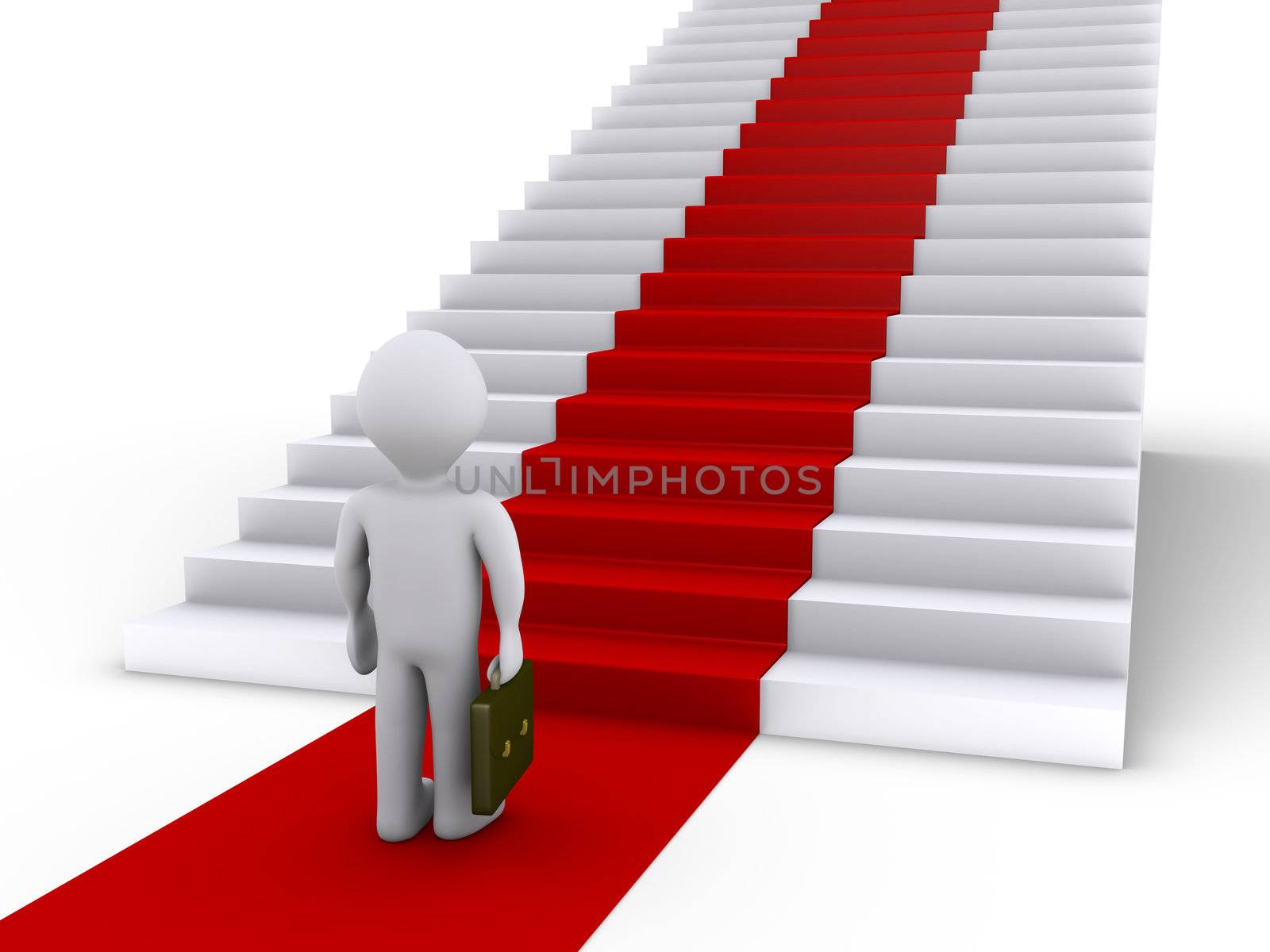 3d businessman is in front of stairs with red carpet