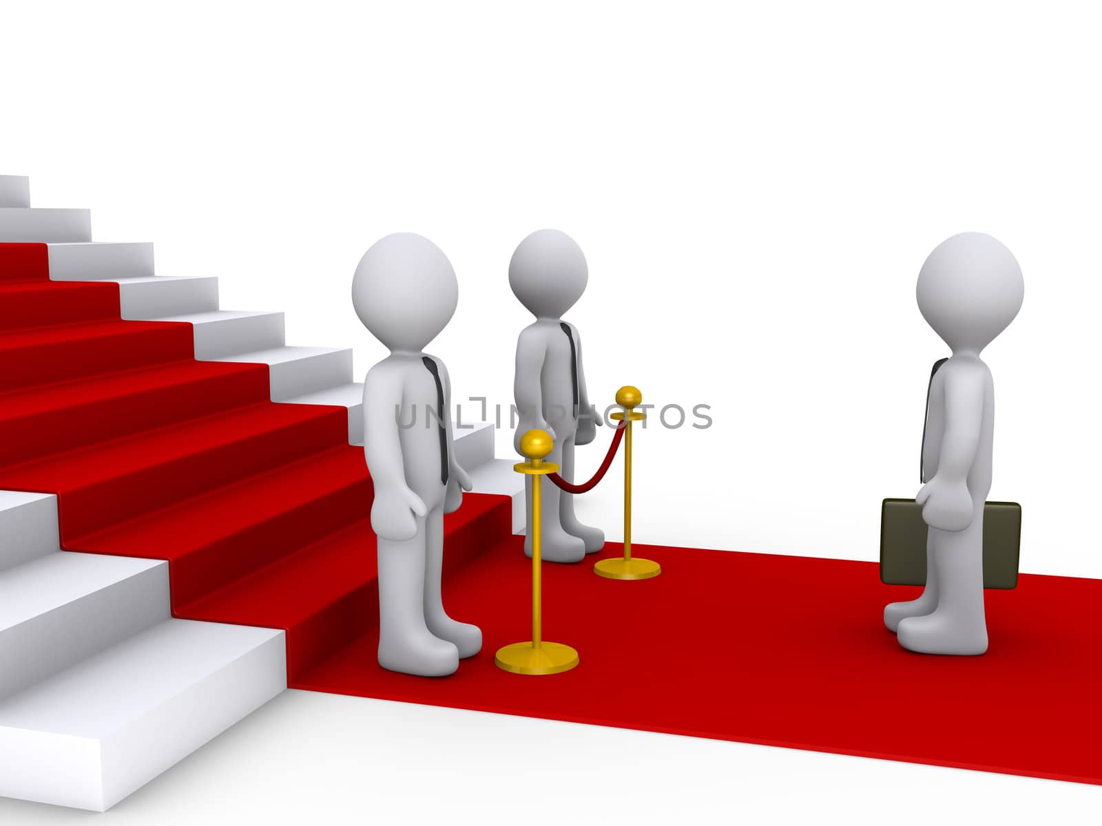 3d businessman standing in front of stairs and two others are blocking his way