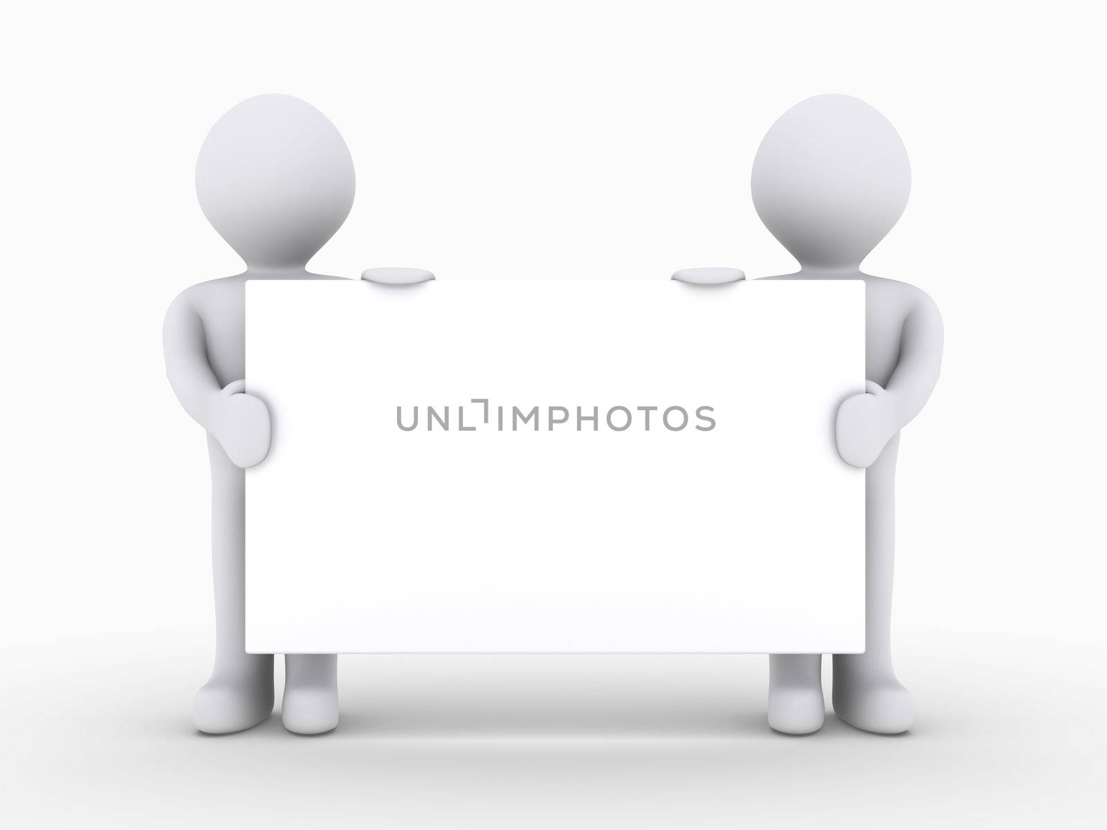 Two 3d people are holding blank sign low