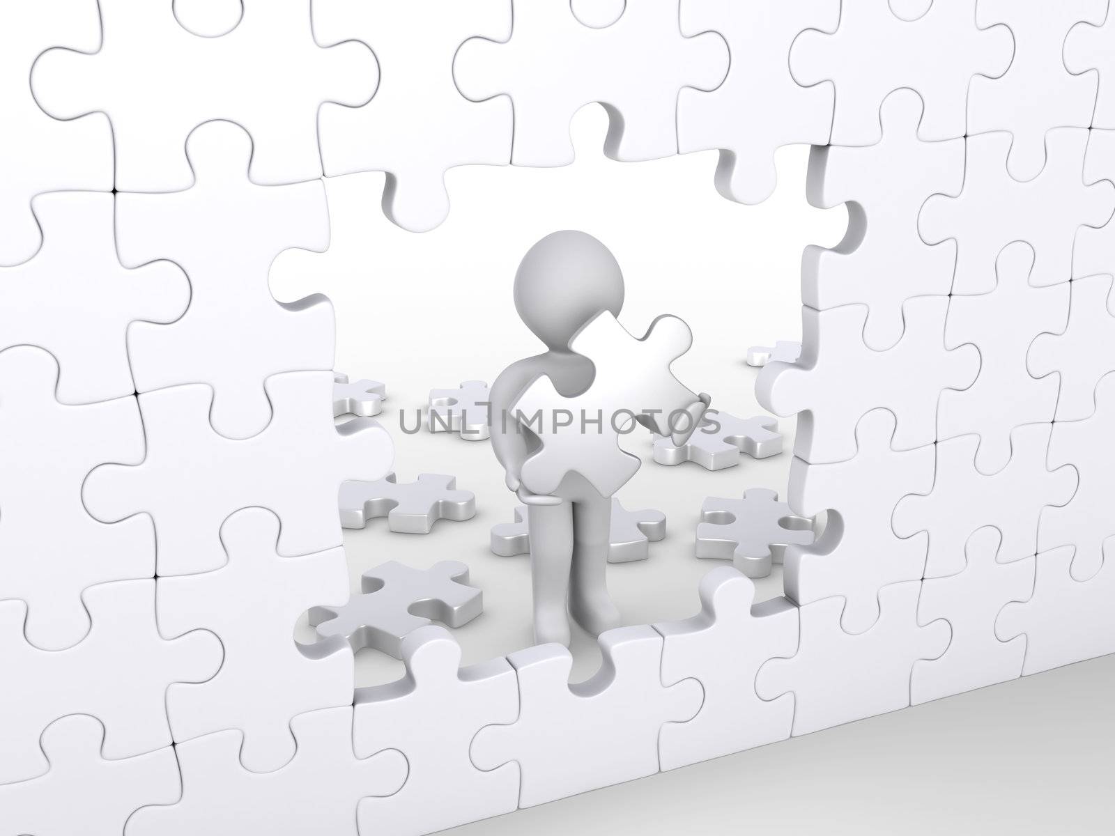 3d person holding puzzle piece about to complete vertical white puzzle