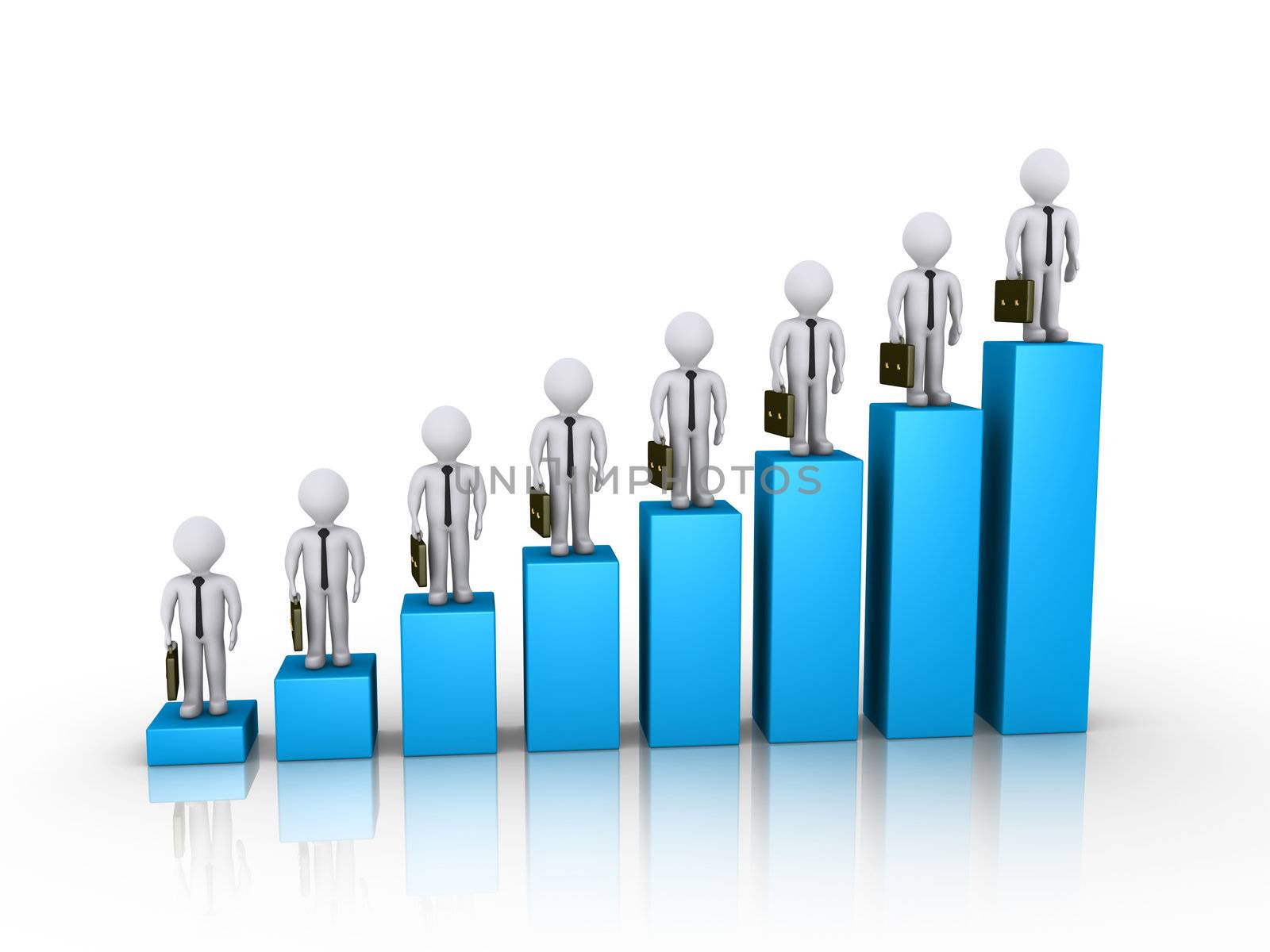3d businessmen on top of blue columns of chart