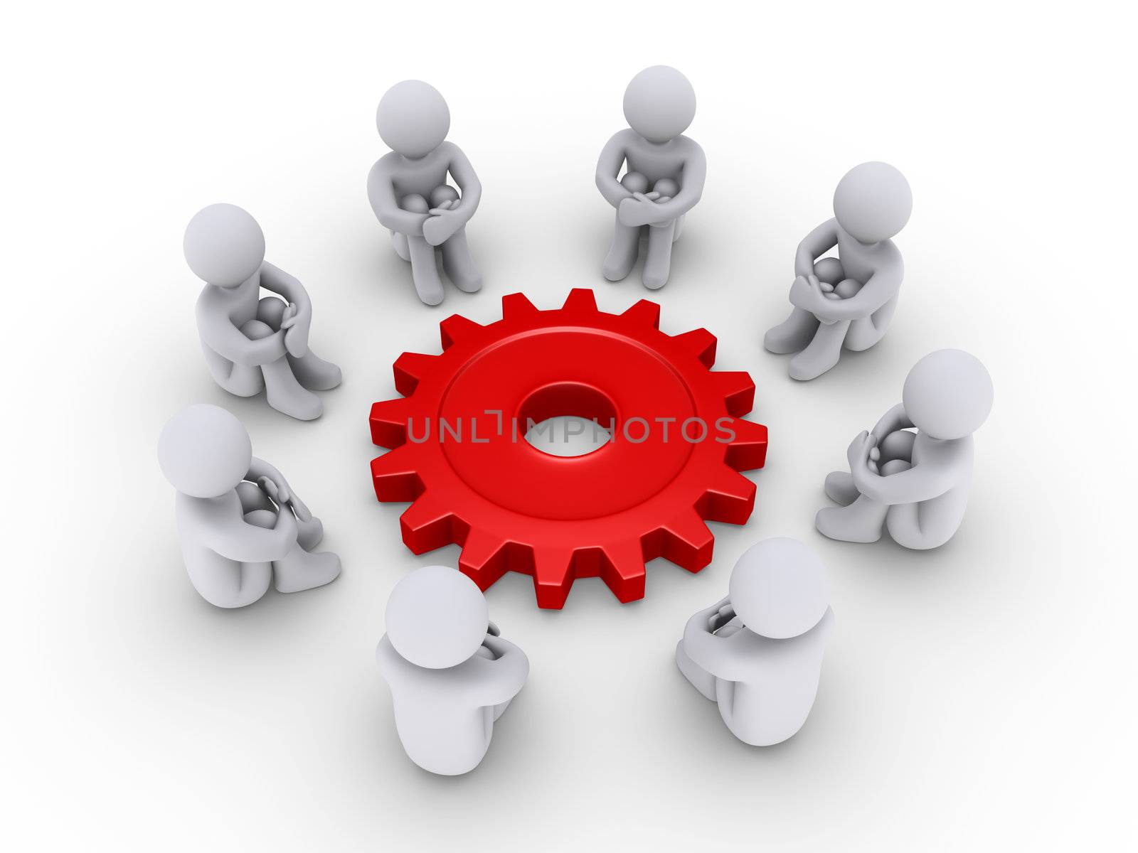 Eight 3d people are sitting around a red cogwheel