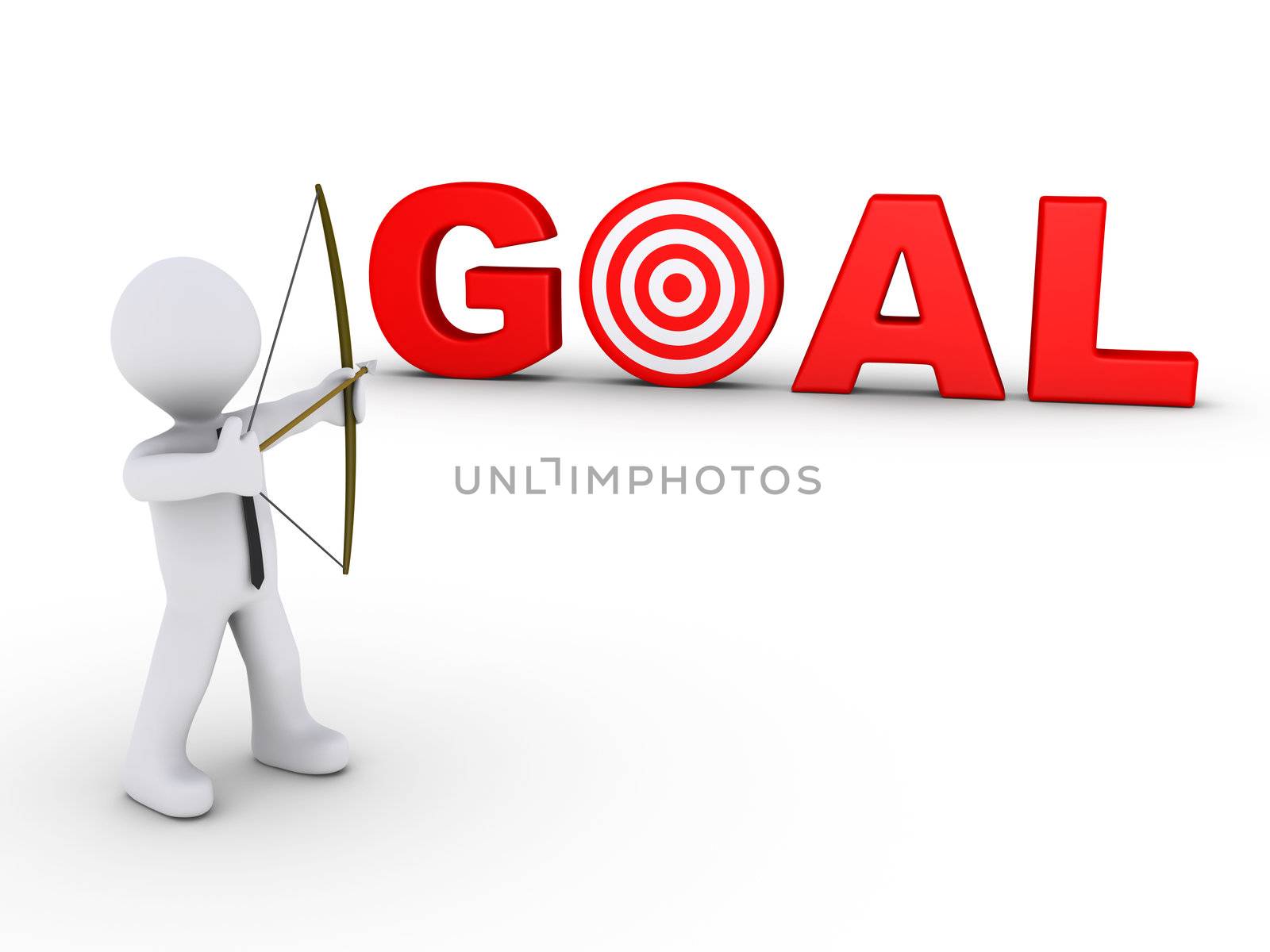 3d businessman as an archer is aiming at a red goal target