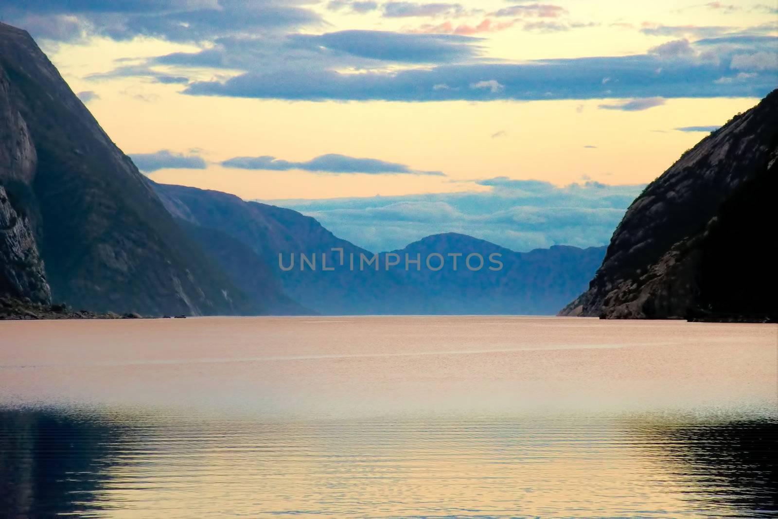 View from the beach at sunset Lysebotn, Norway