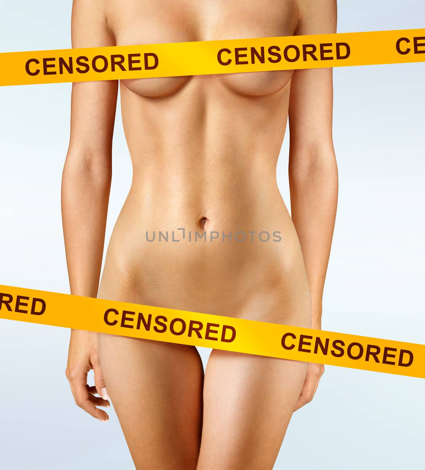 beautiful body of woman covered with censorship tapes