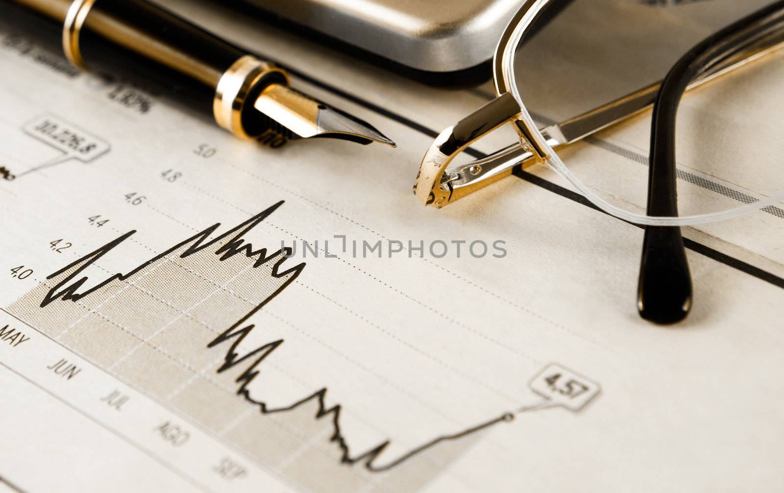 Business background with graphics,glasses and pen