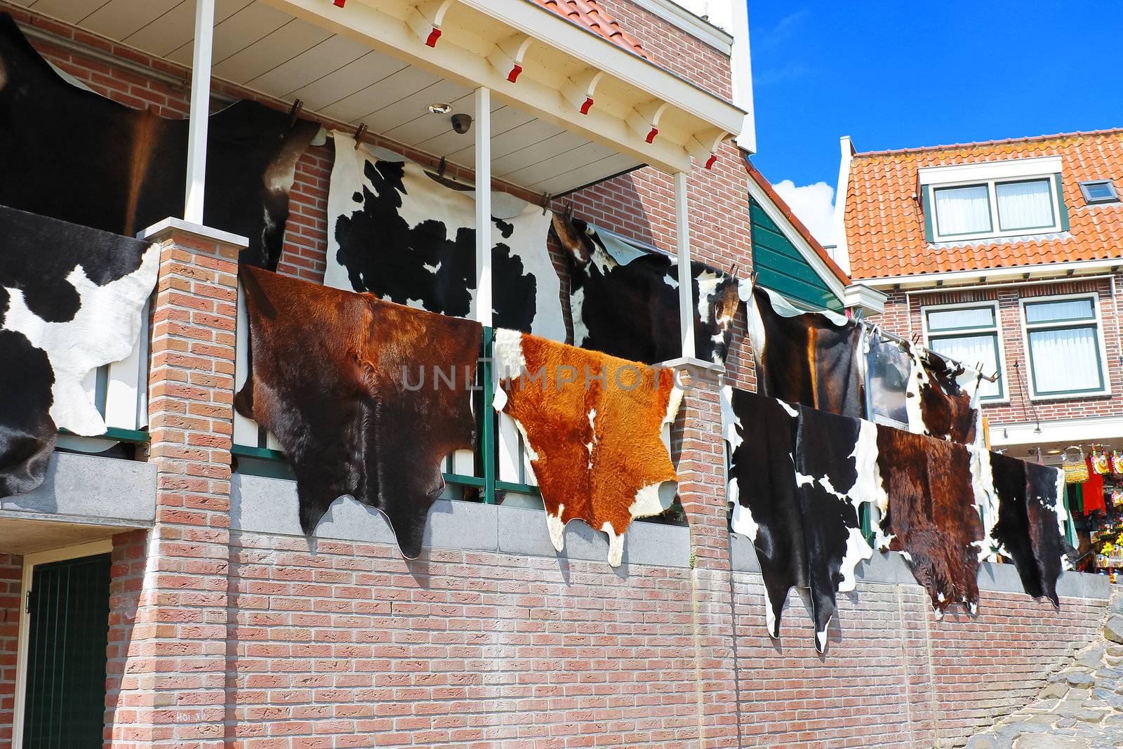Tanned hides on the balcony of the leather shop in Volendam. Netherlands