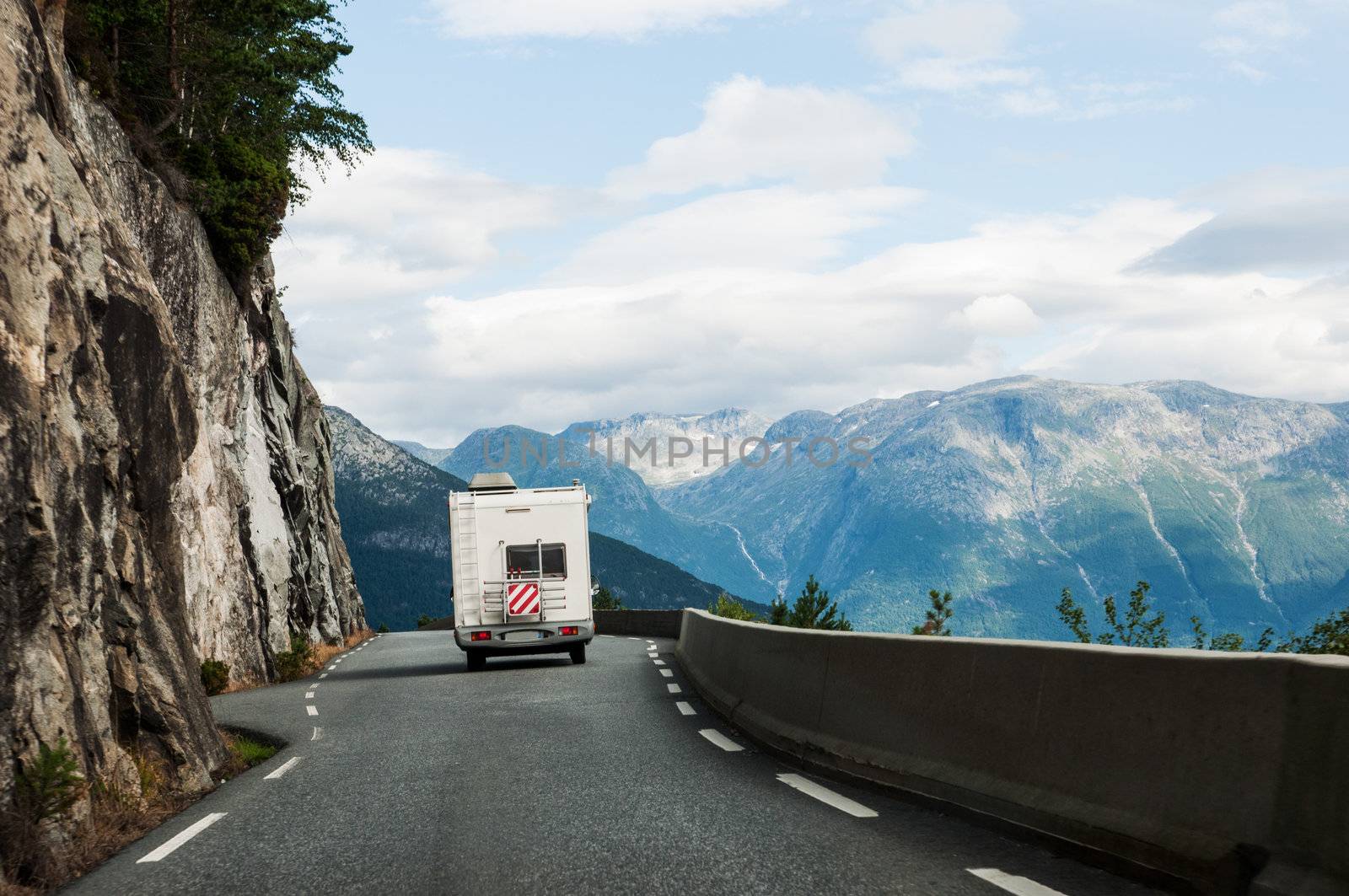 Road with  motor home in mountains Norway, Scandinavia