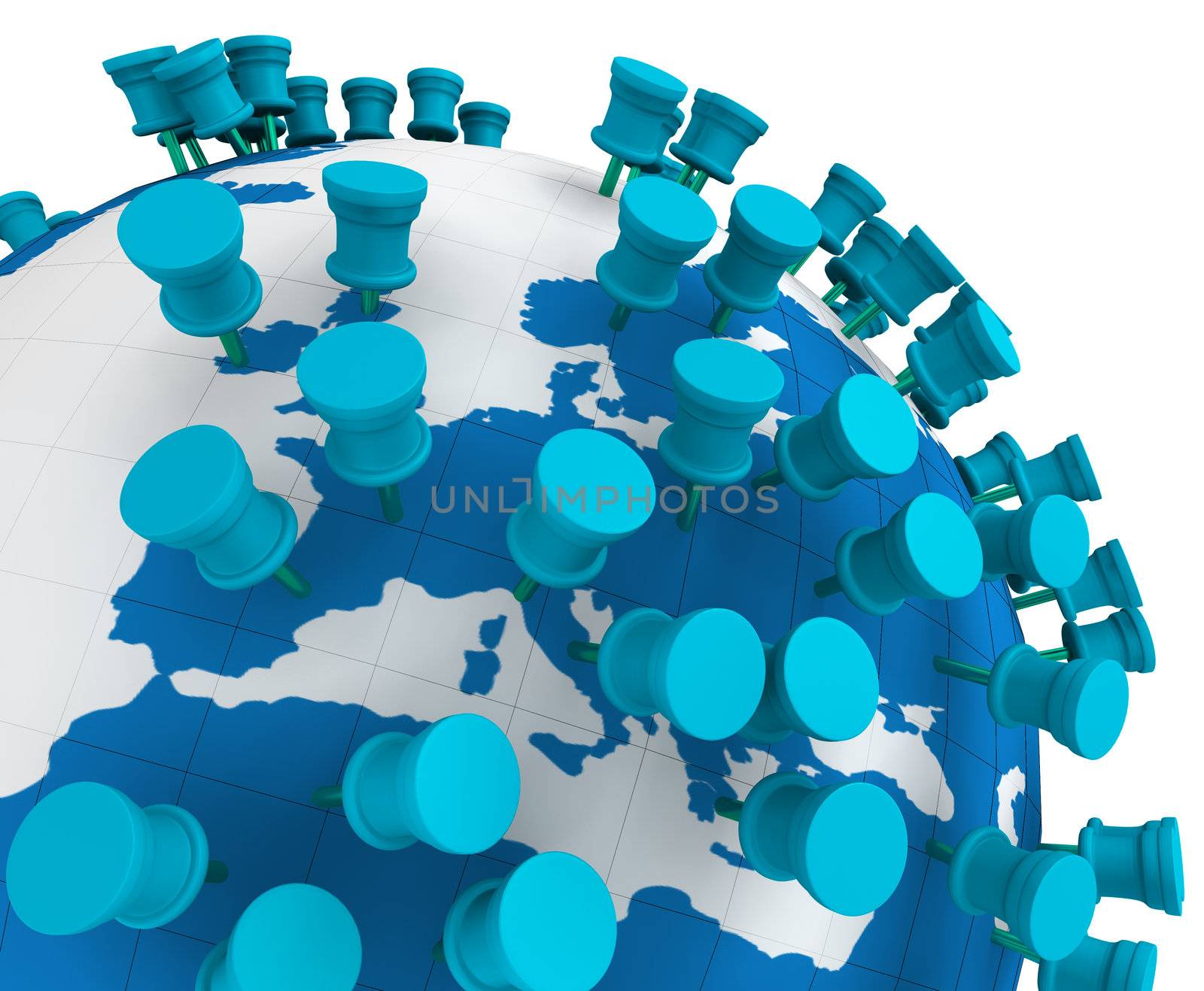 Globe world map and Push Pins isolated in white