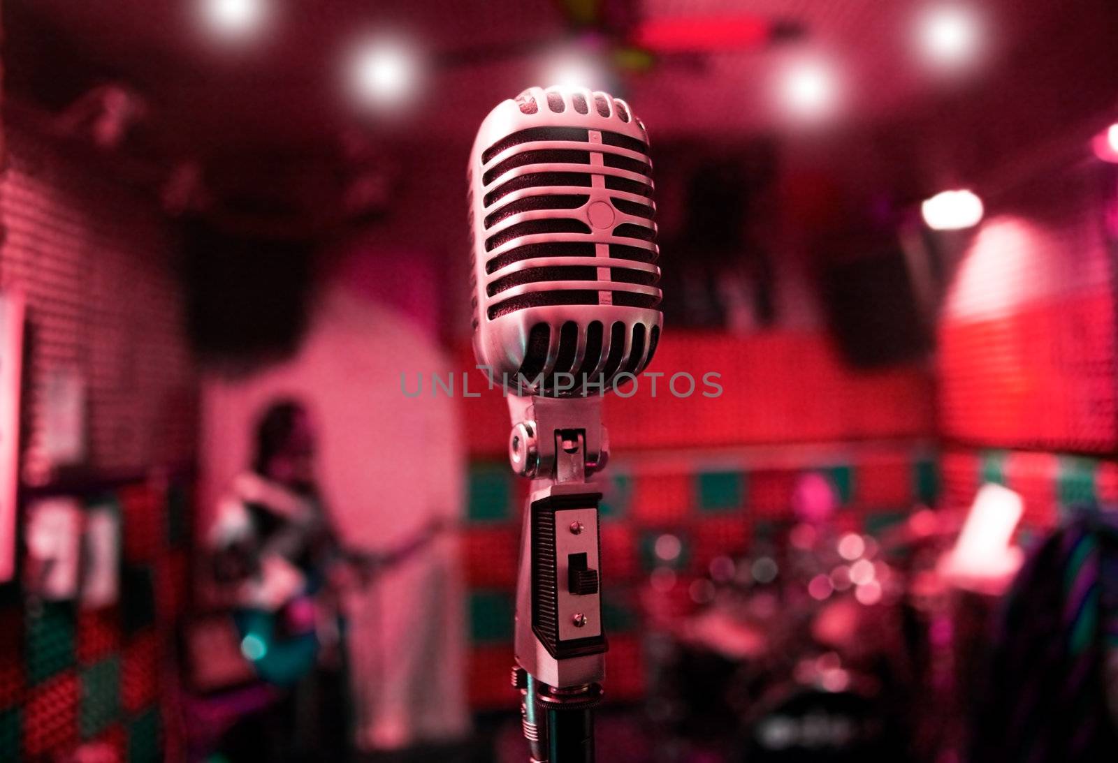 Abstract background music with vintage microphone and musicians
