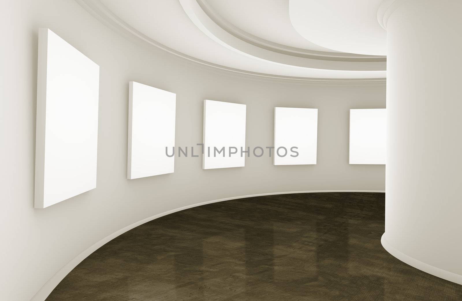 3d empty showroom with blank boxes