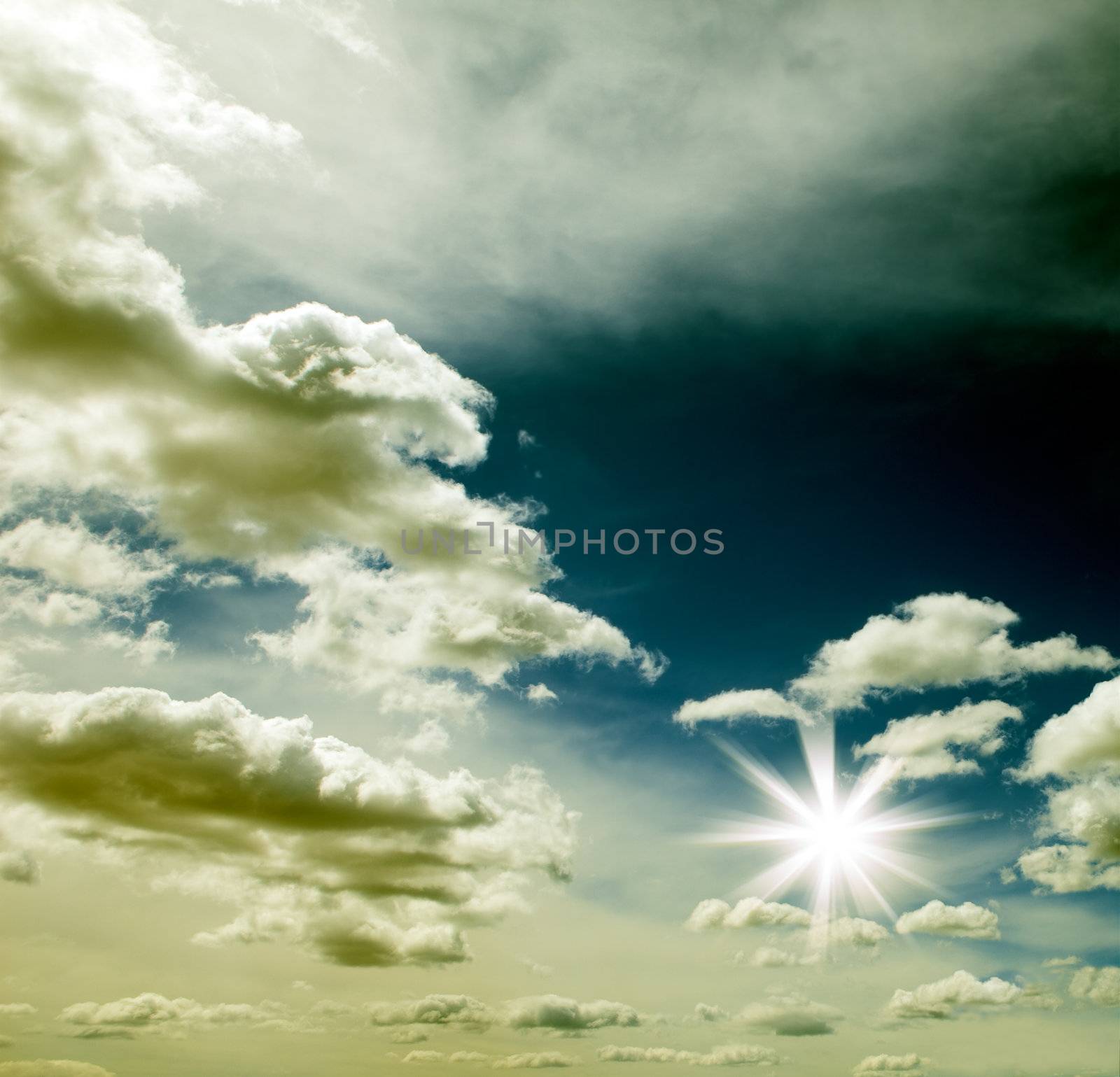 sunset sky with clouds and sun.