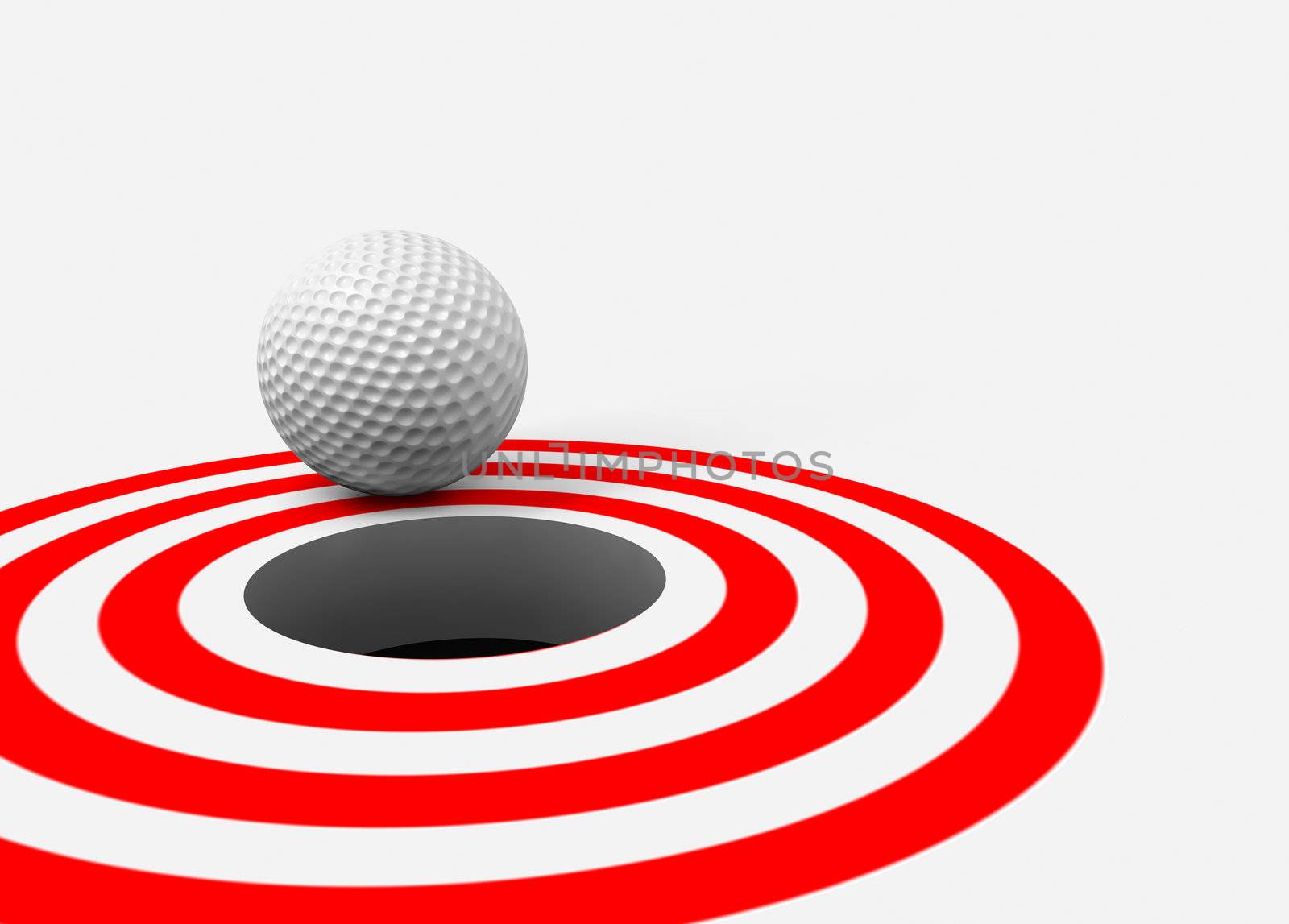 Conceptual 3d image with golf ball and hole