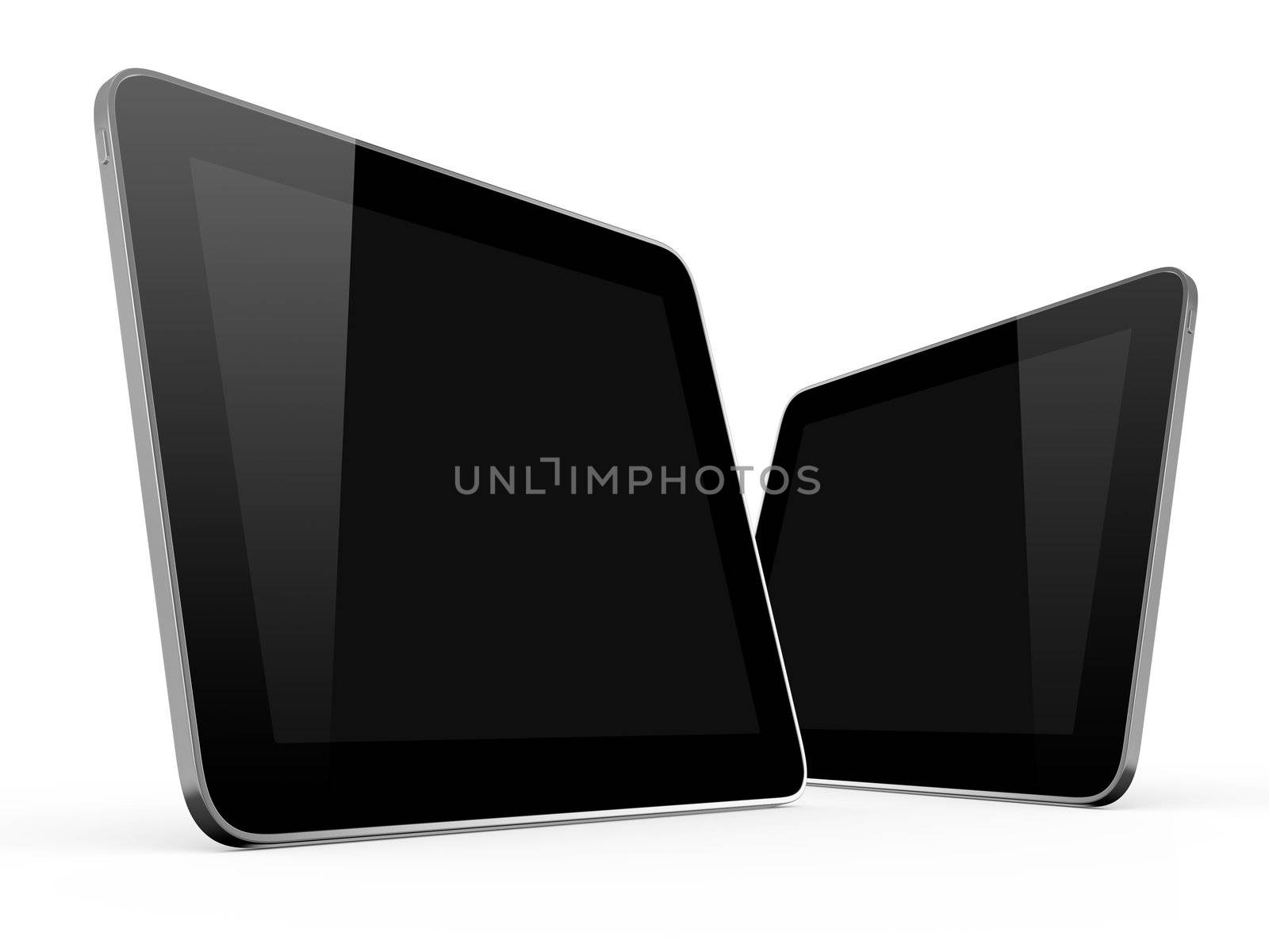 Realistic touch screen tablet computers isolated on white background. Modern touch pad device with blank screen and black frame.