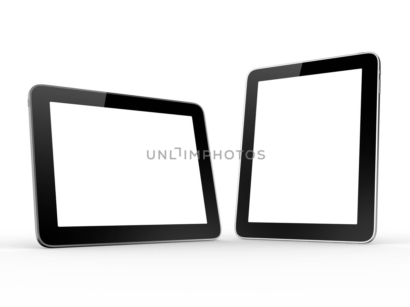 Realistic touch screen tablet computers isolated on white background. Modern touch pad device with blank screen and black frame.