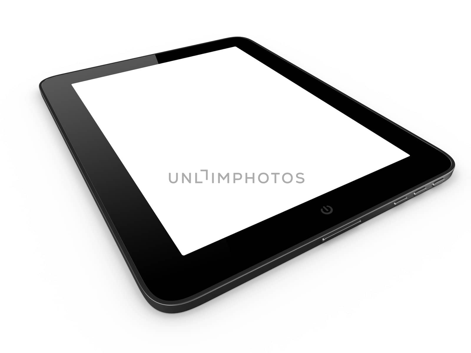 Realistic touch screen tablet computer isolated on white background. Modern touch pad device with blank screen and black frame.