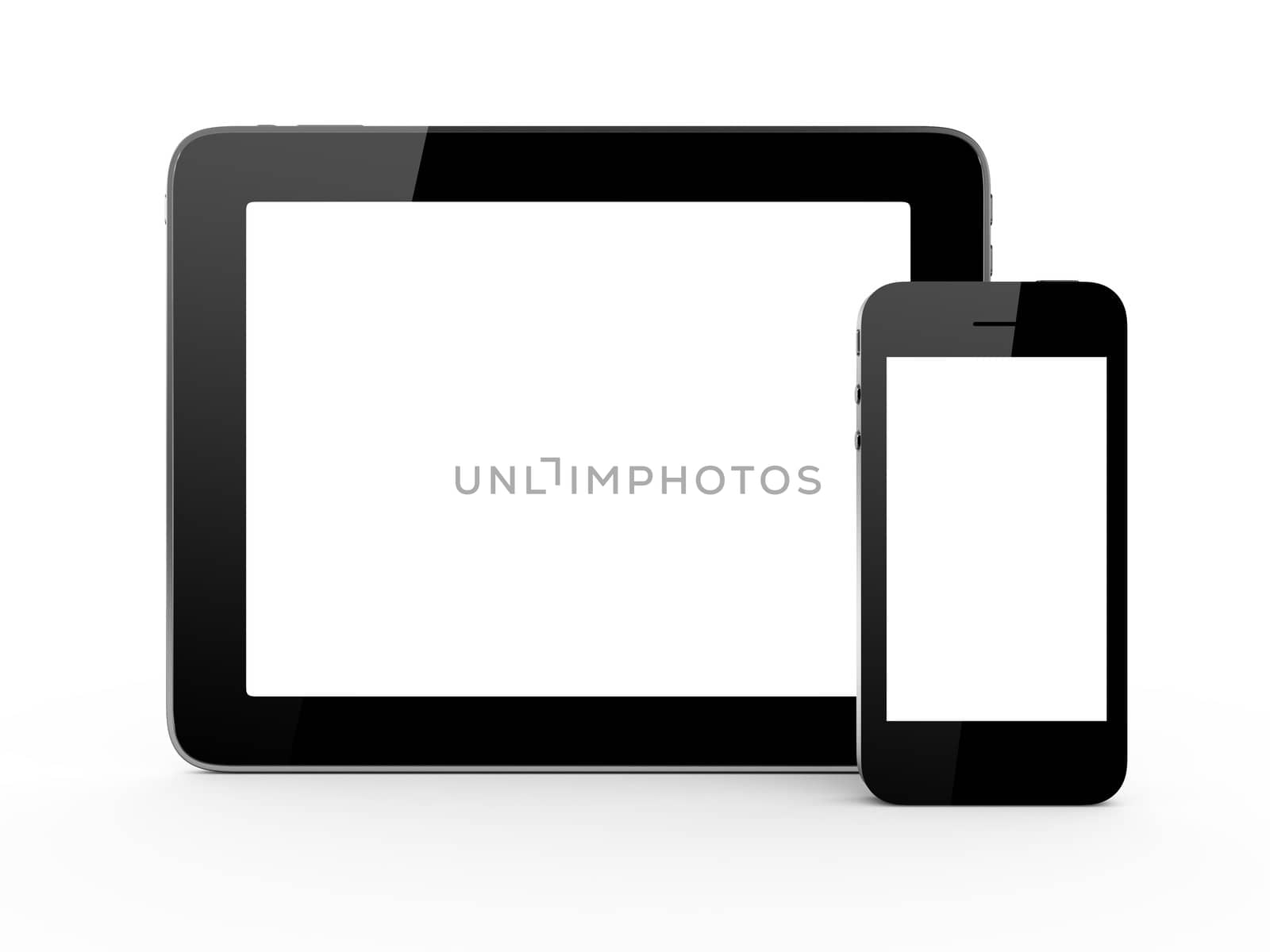 Frontal screens of smart phone and horizontal tablet with blank screen isolated on white background.