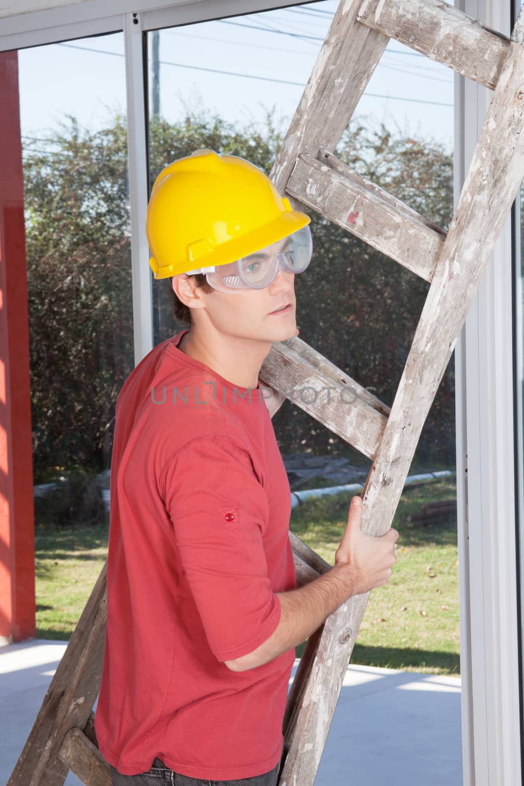 Male construction worker holding ladder in hand