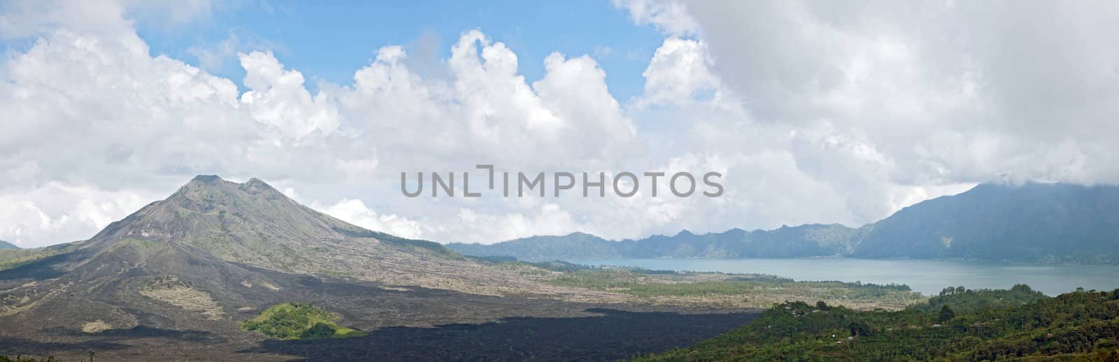 Panorama of Batur volcano landscape from Kintamani crater Bali Indonesia