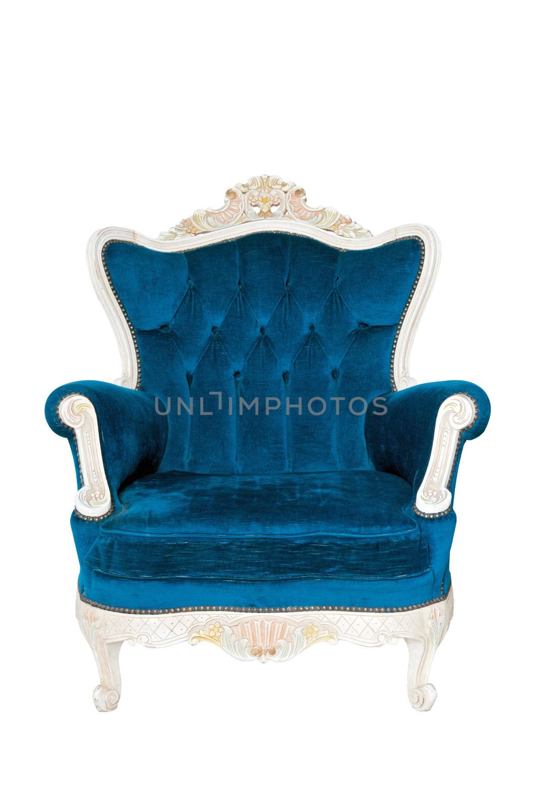 Vintage luxury Blue sofa Armchair isolated on white background with Clipping path