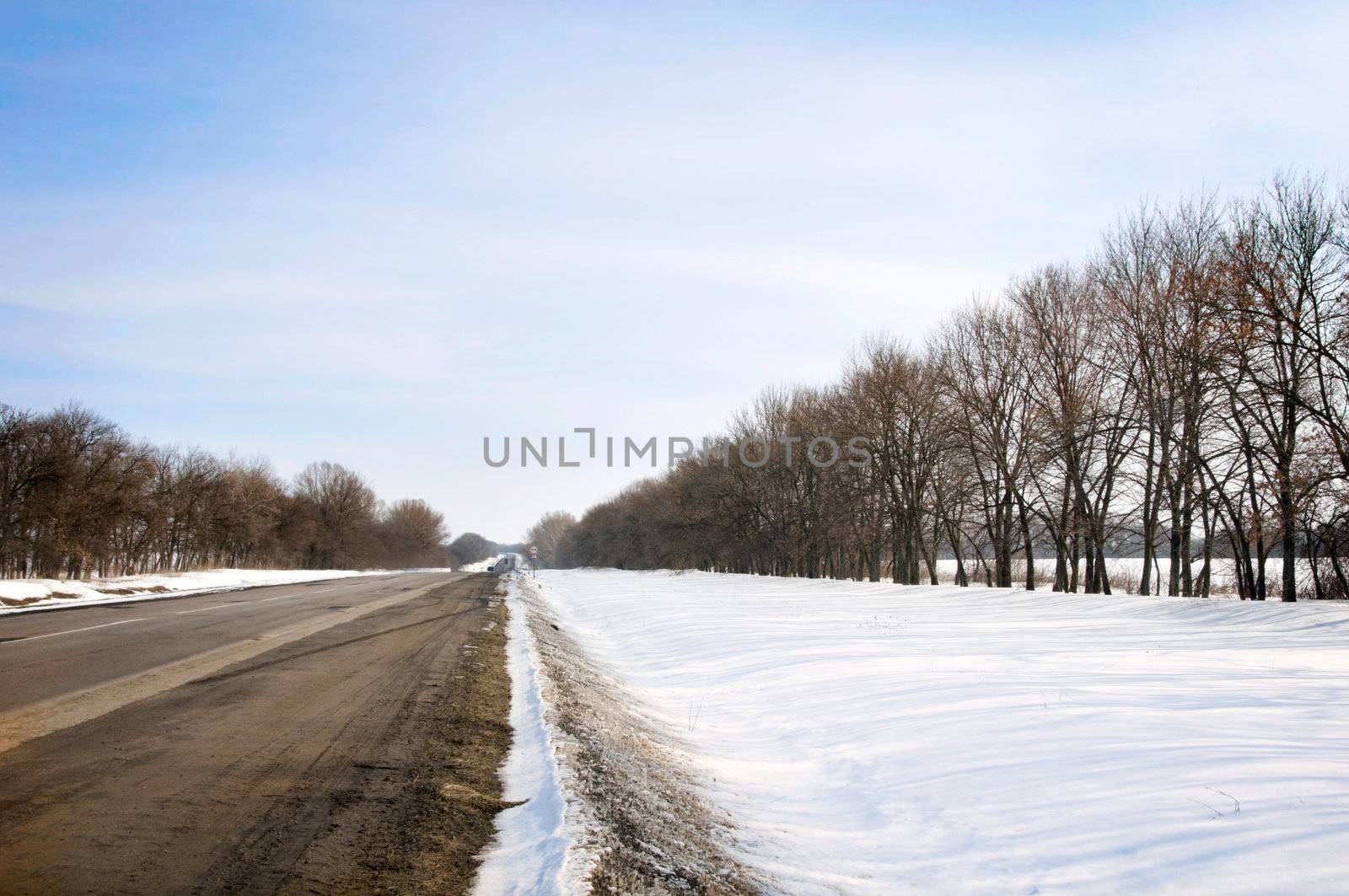 Winter road in the country in Ukraine with blue sky and bare trees along the track