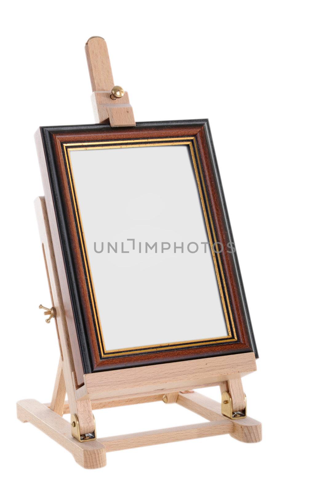 Wooden easel isolated on white. Image contains two clipping path - for easel and for window. You can easy put your picture ot text.