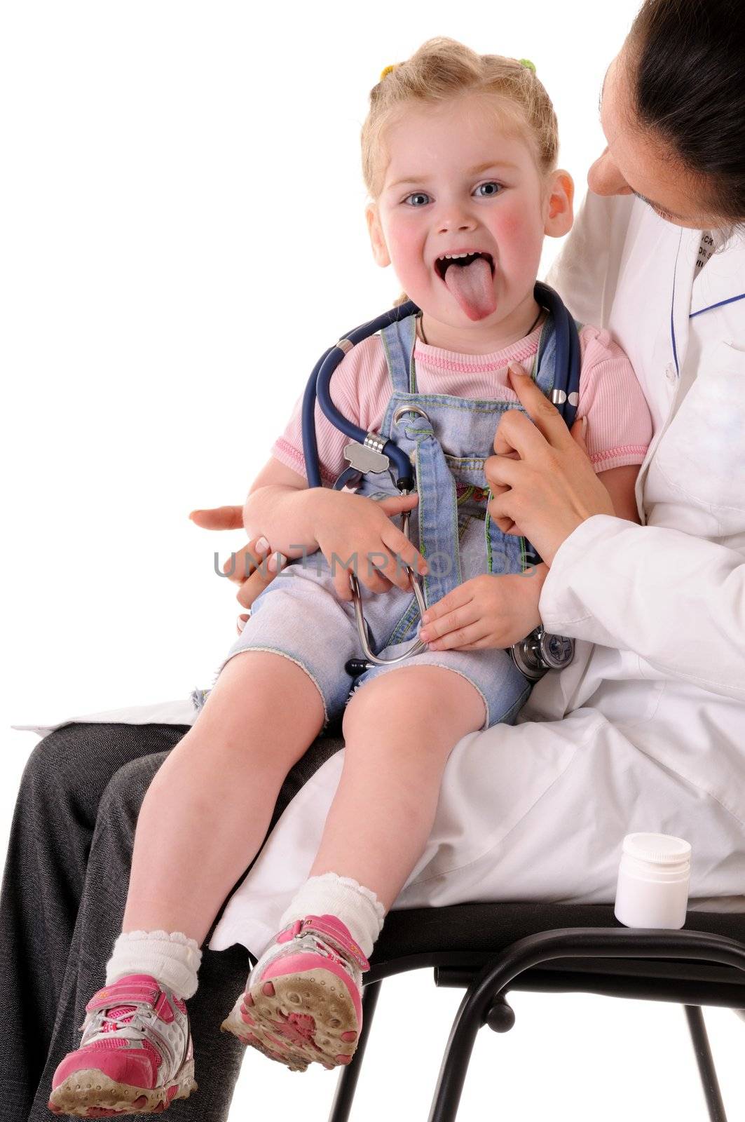 Pediatrician and small blonde girl: throat checking isolated on white background