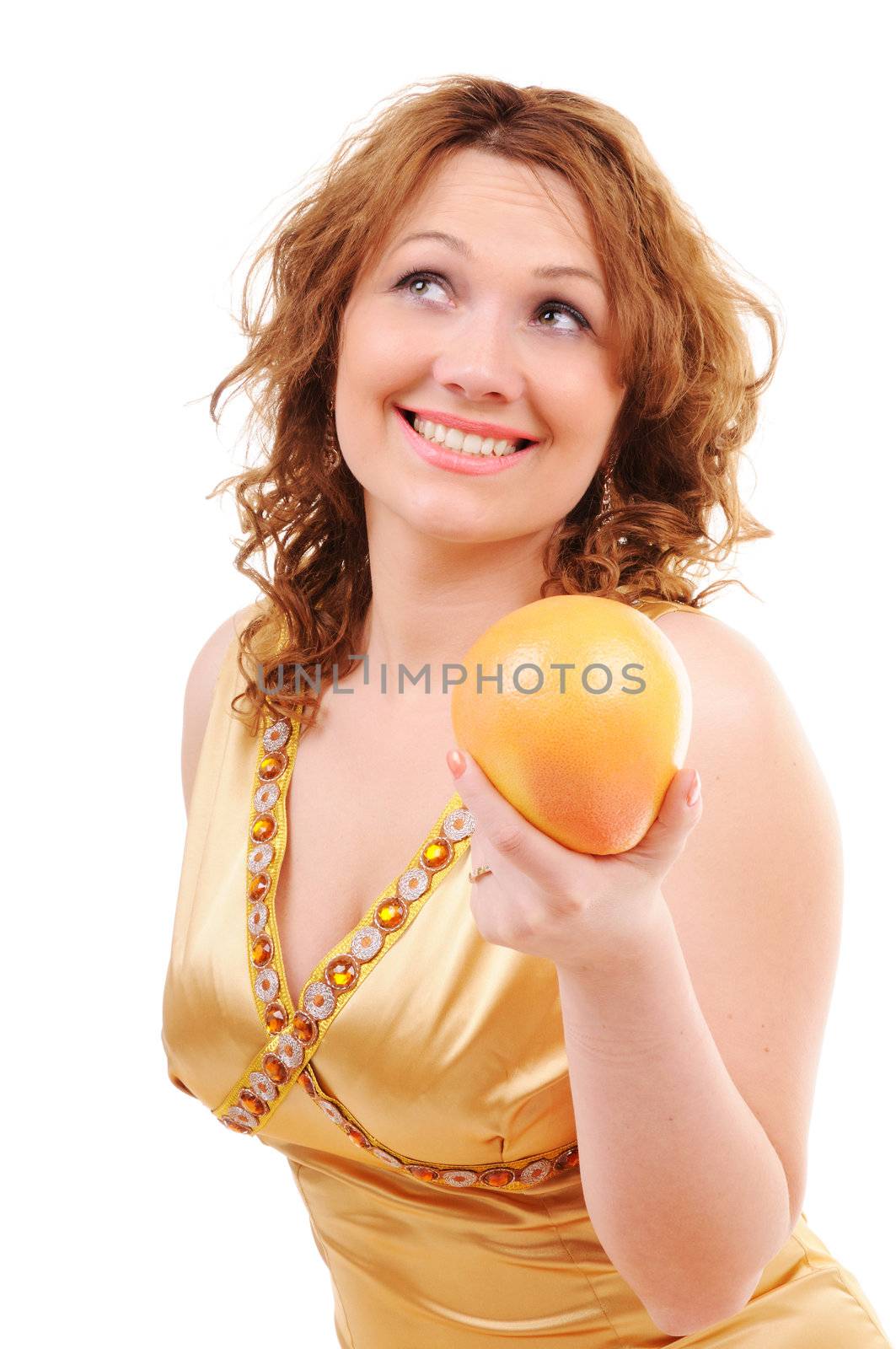 Attractive smiling sensual woman with fresh grapefruit isolated on white background