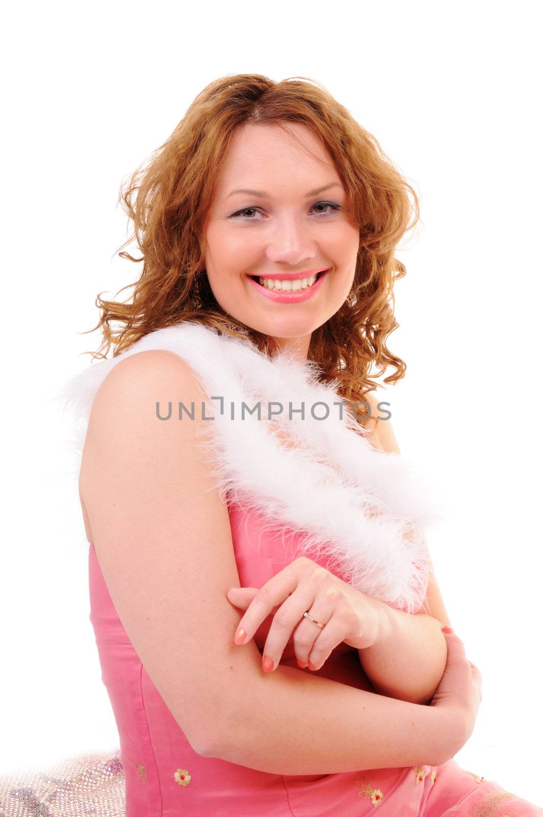 Attractive and stylish woman with fur on white background
