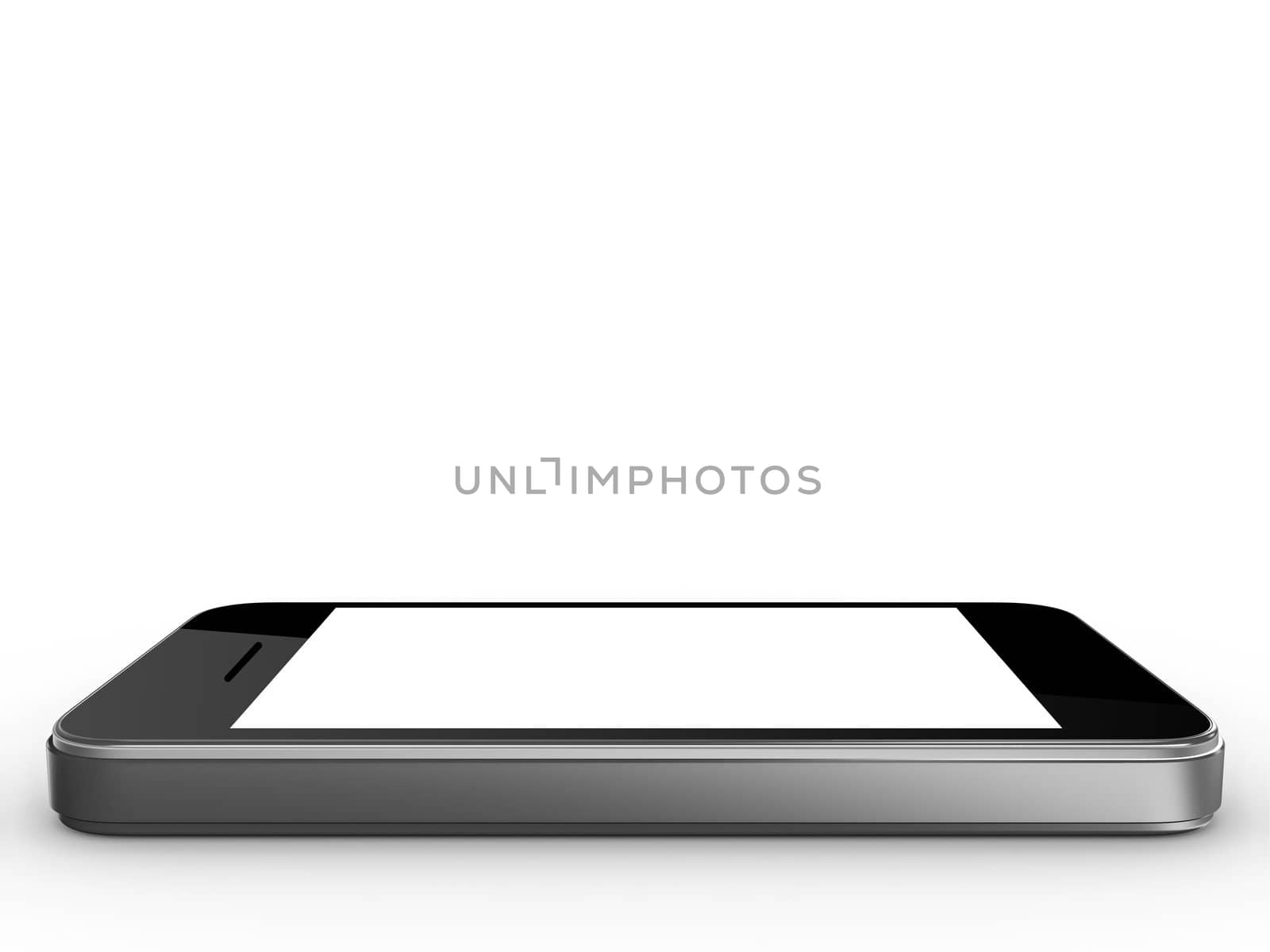 Realistic mobile phone isolated on white background. Modern touch pad device with blank screen and black frame.