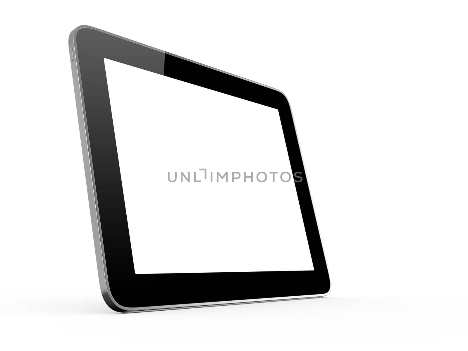 Realistic touch screen tablet computer isolated on white background. Modern touch pad device with blank screen and black frame.