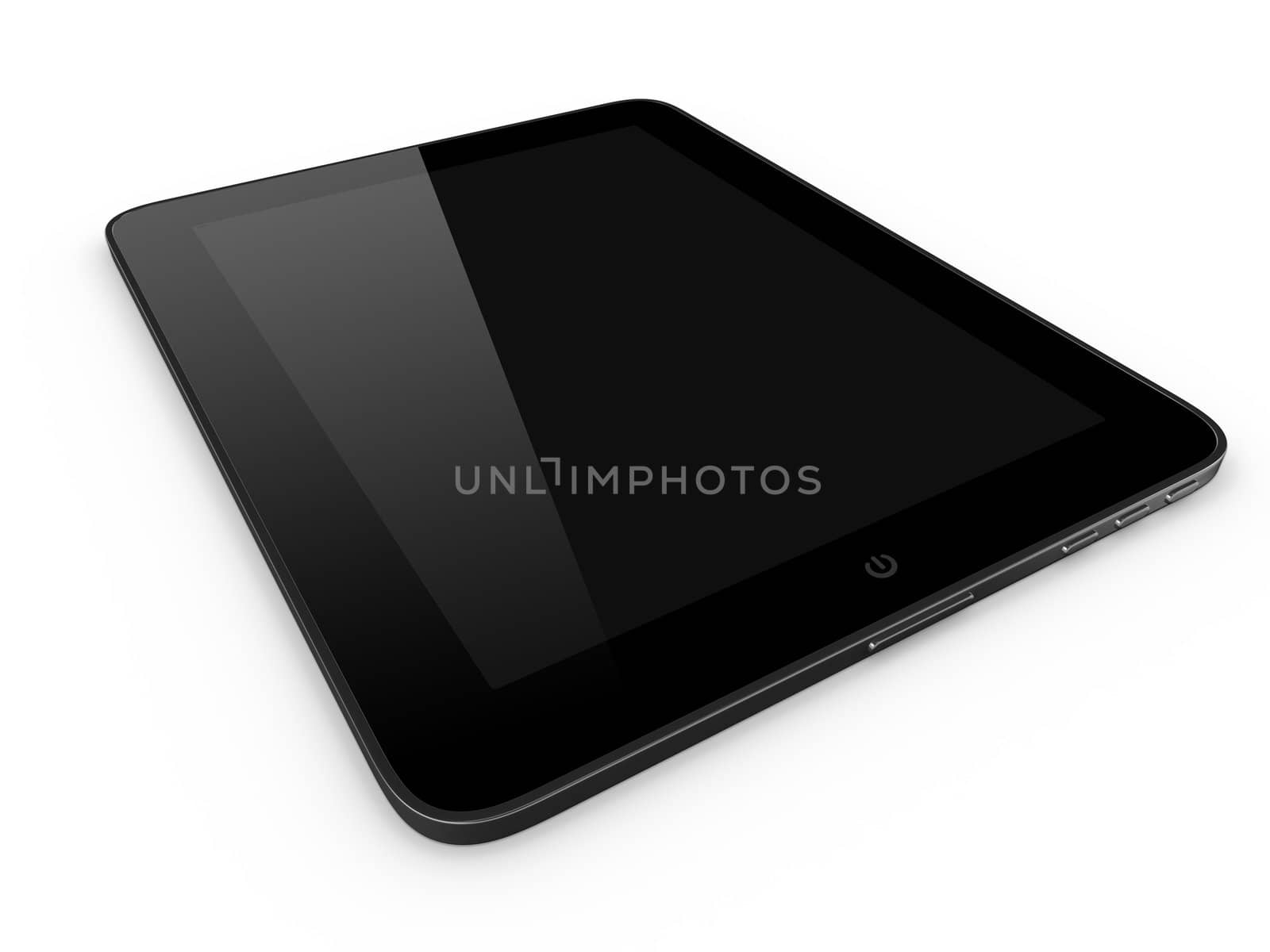 Realistic touch screen tablet computer isolated on white background. Modern touch pad device with blank screen and black frame.