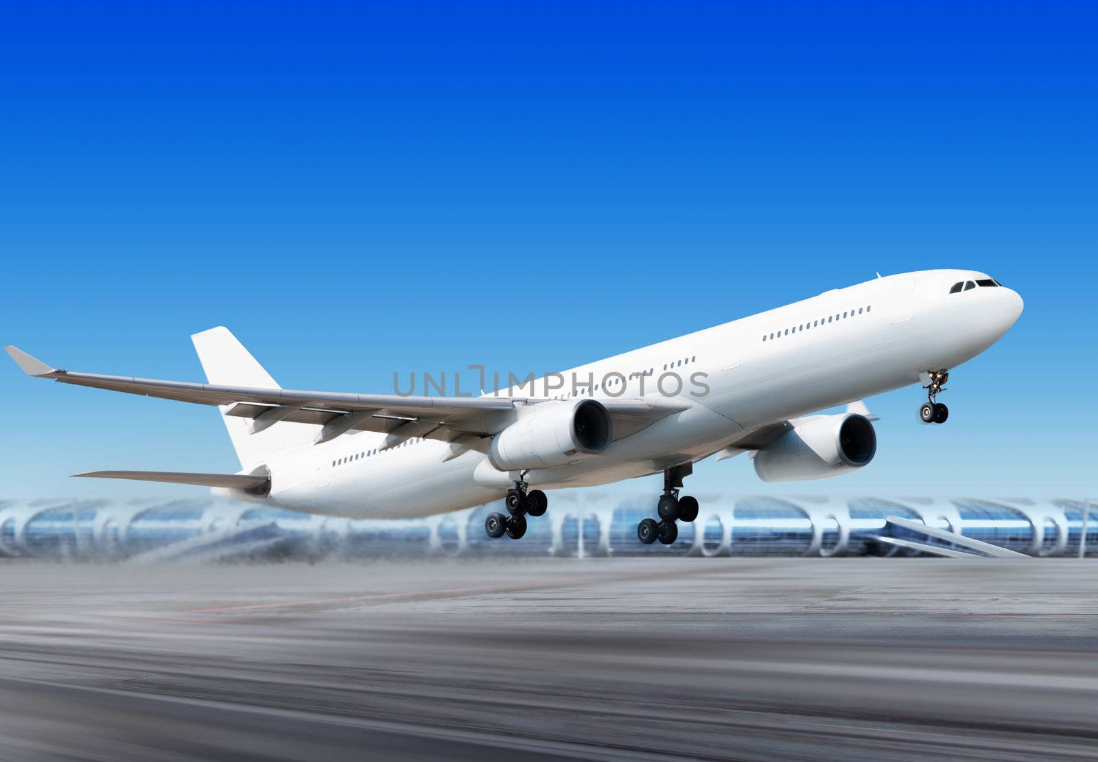 big passenger plane is flying up from runway of airport