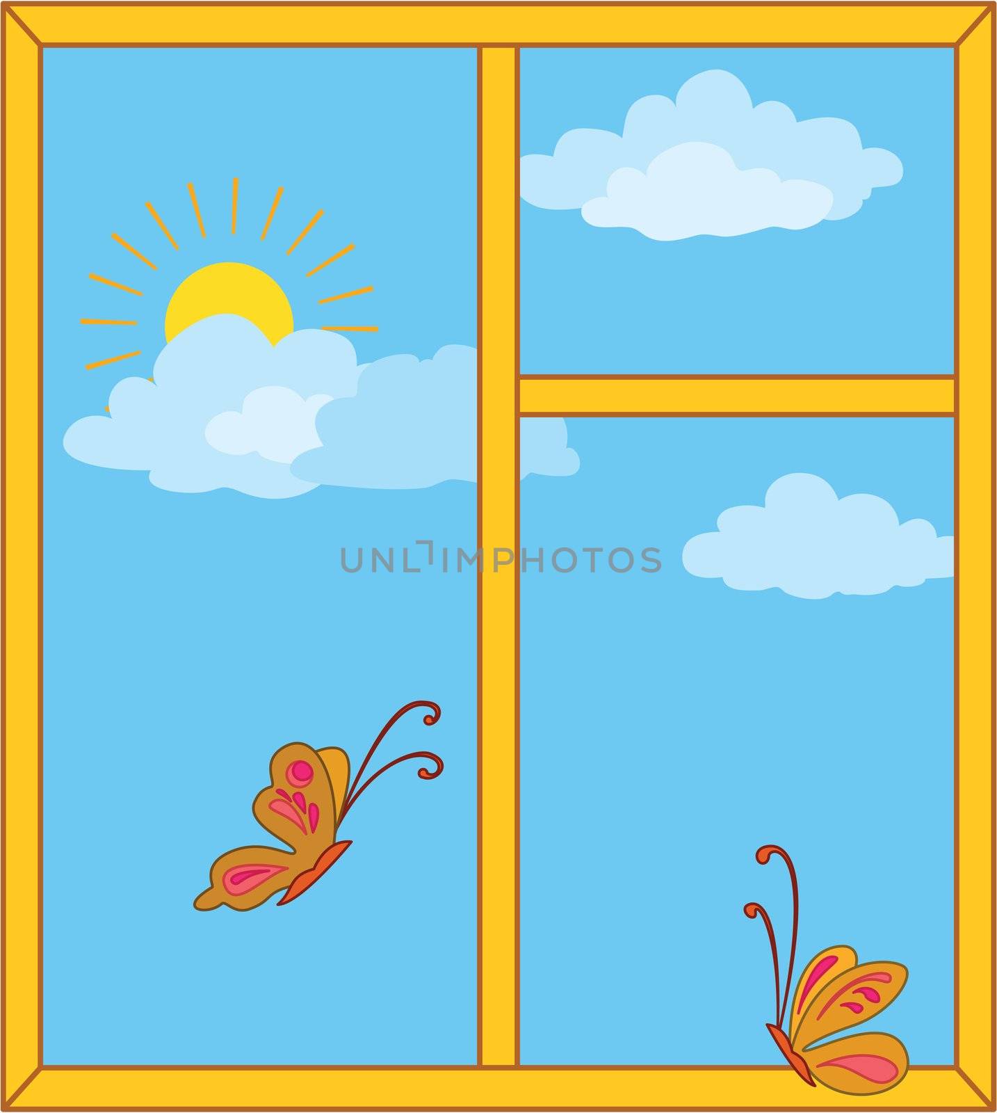 Window with sky, sun and butterflies by alexcoolok