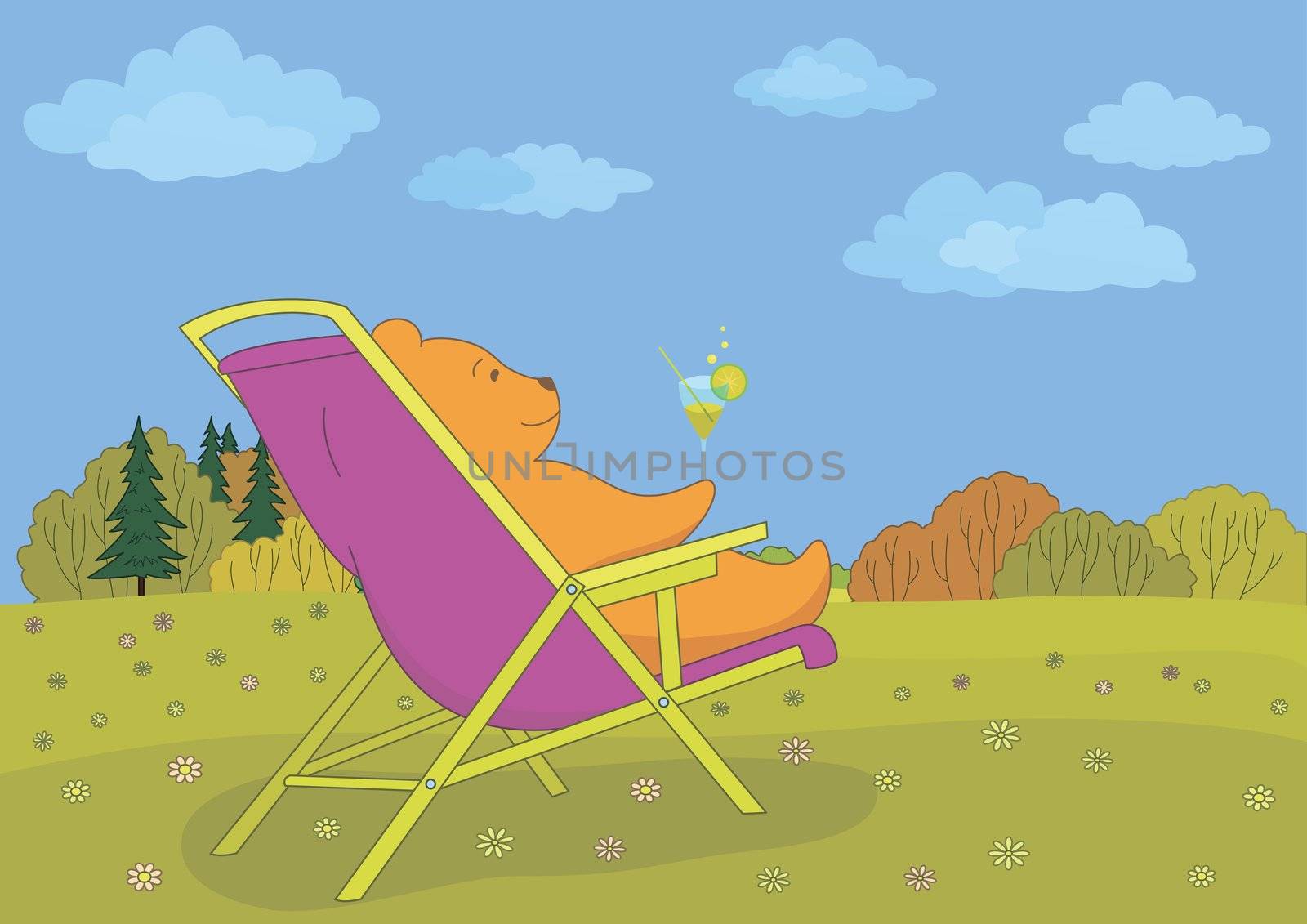 Cartoon, teddy bear sitting in a chaise lounge and drinks a cocktail, looks at the beautiful autumn forest landscape