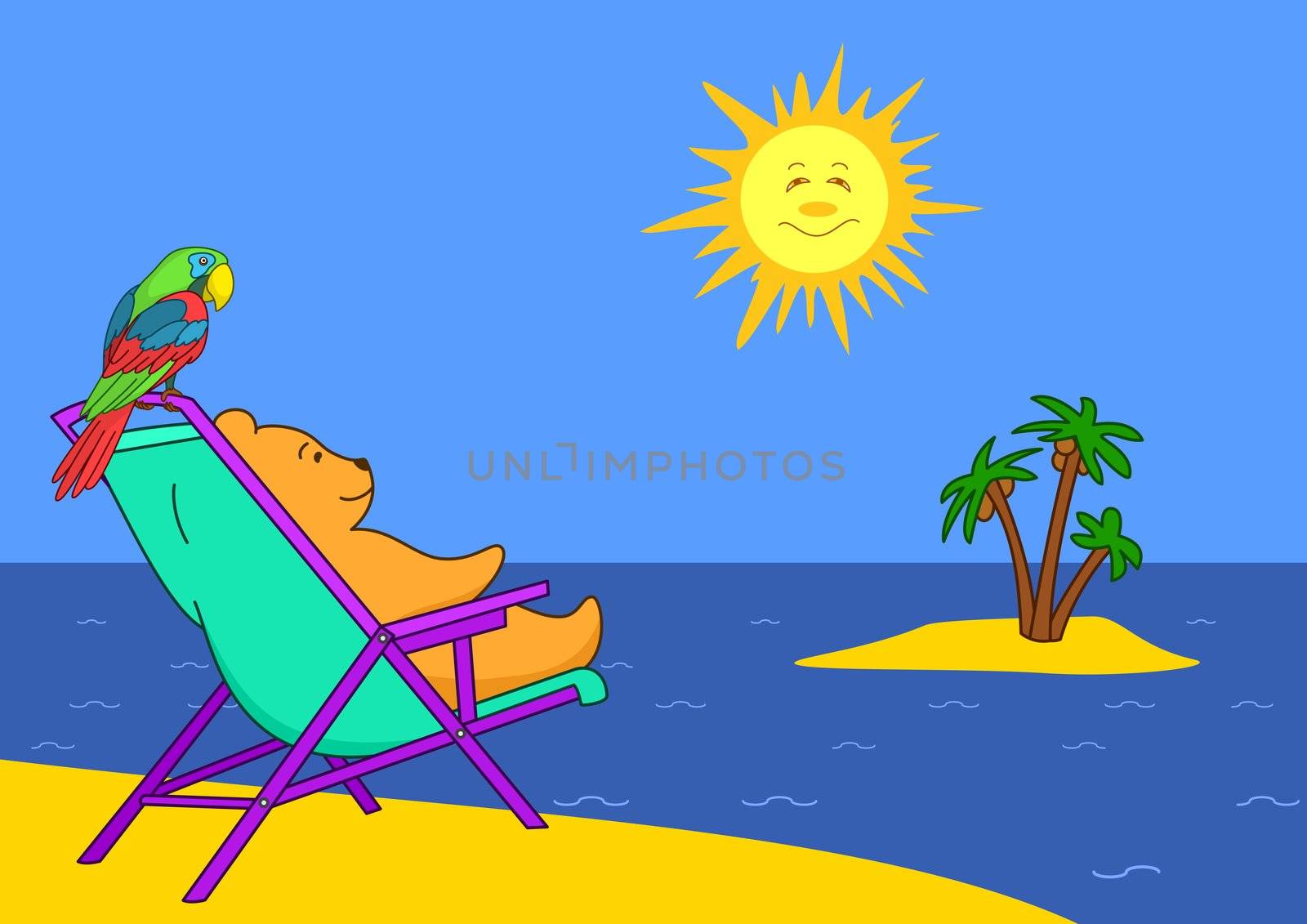 Teddy-bear has a rest on a beach, sitting in a chaise lounge, its friend a parrot there and then sits