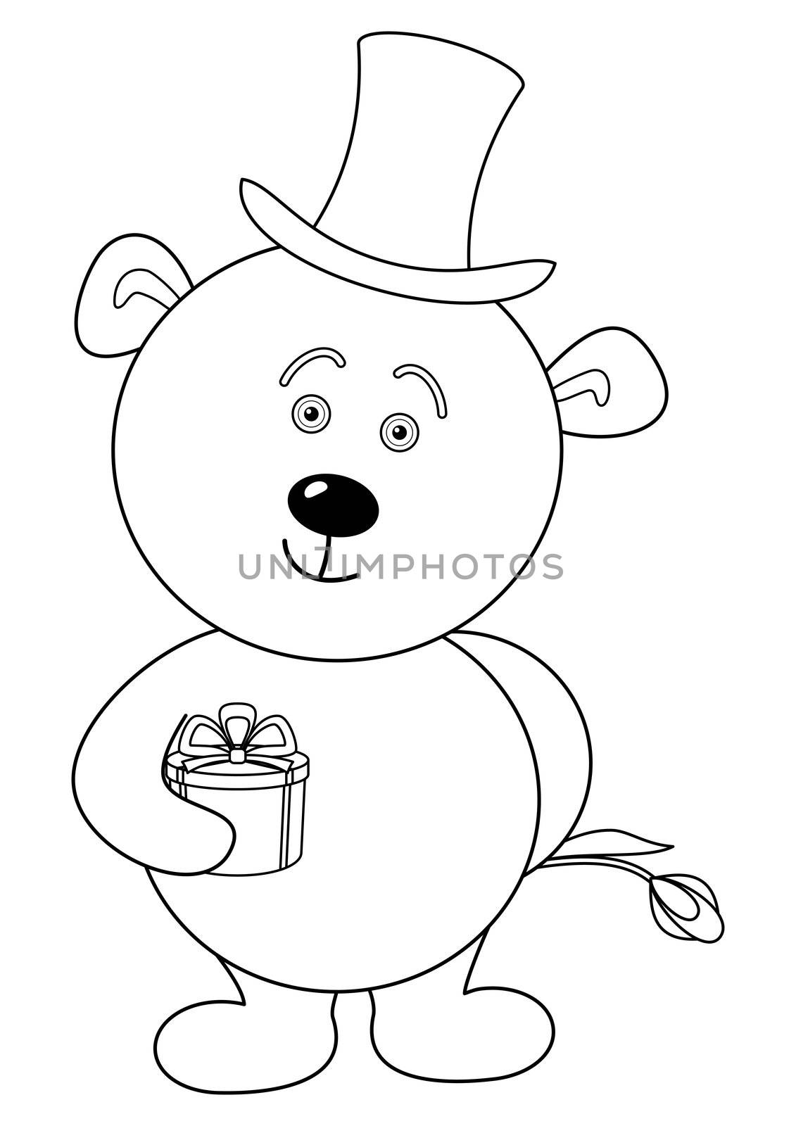 Teddy bear enamoured in cylinder with gift box and flower, contour