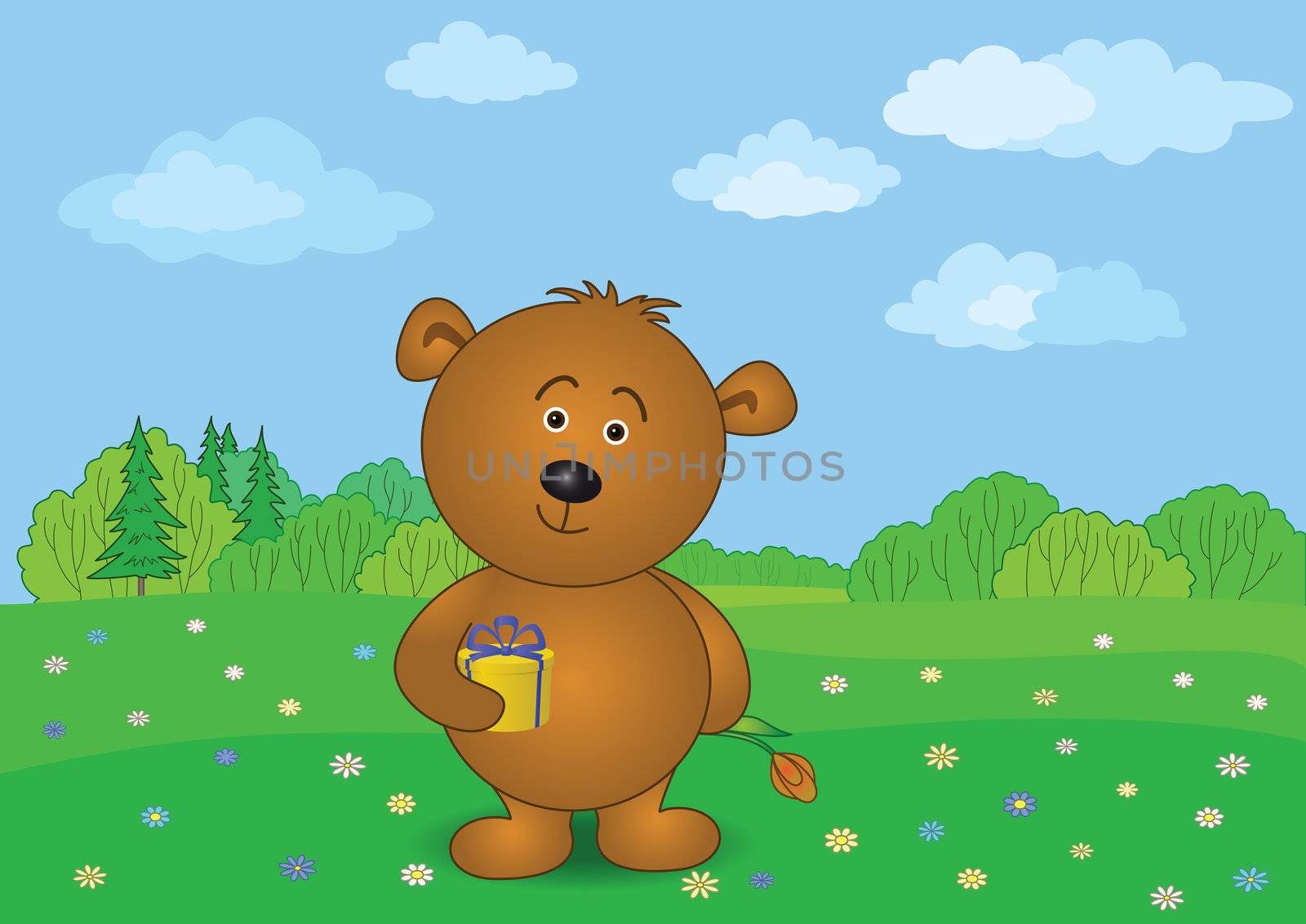 Holiday cartoon, teddy bear with gift box and flower on a meadow