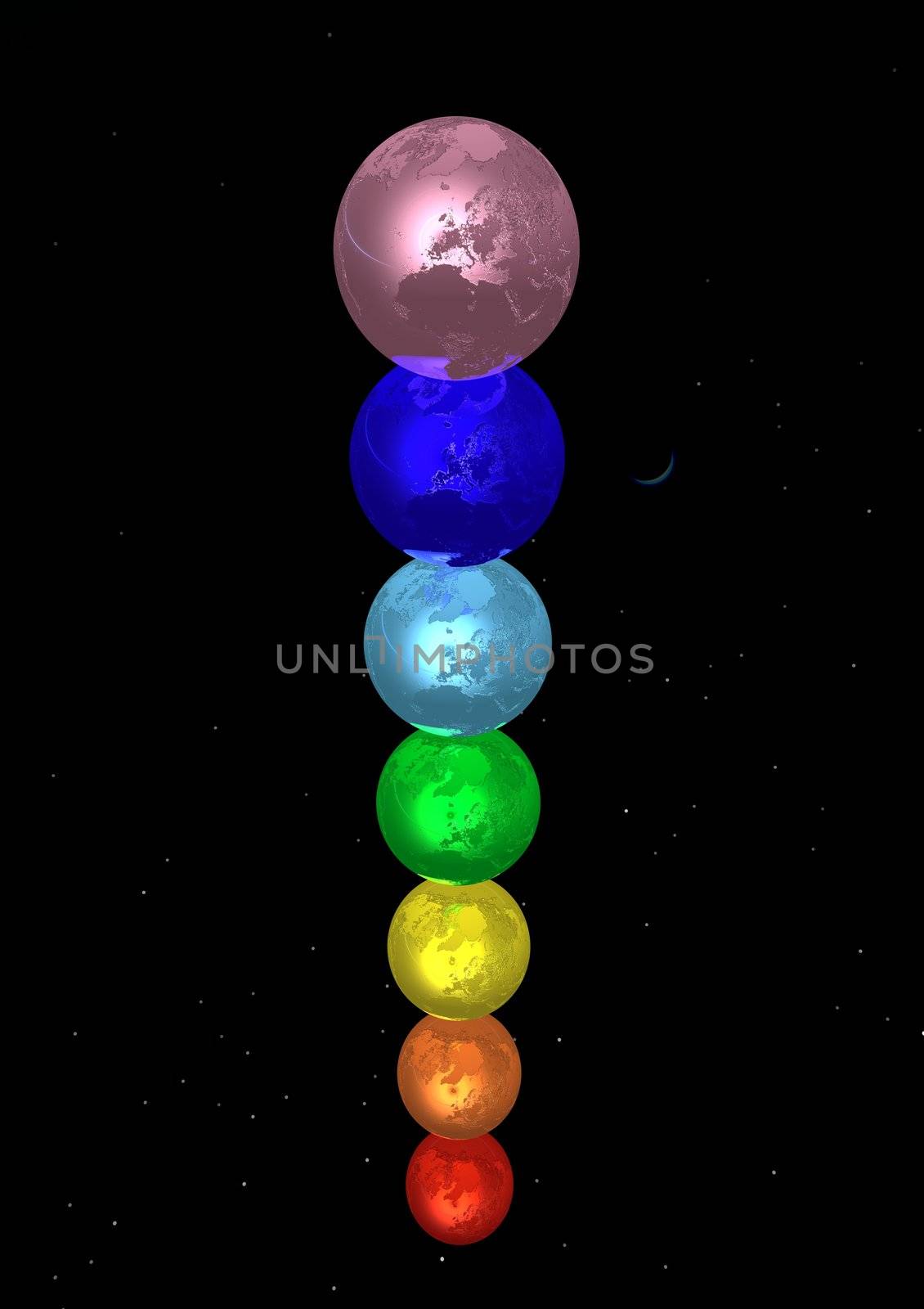 Earth for each color chakra in stary night background