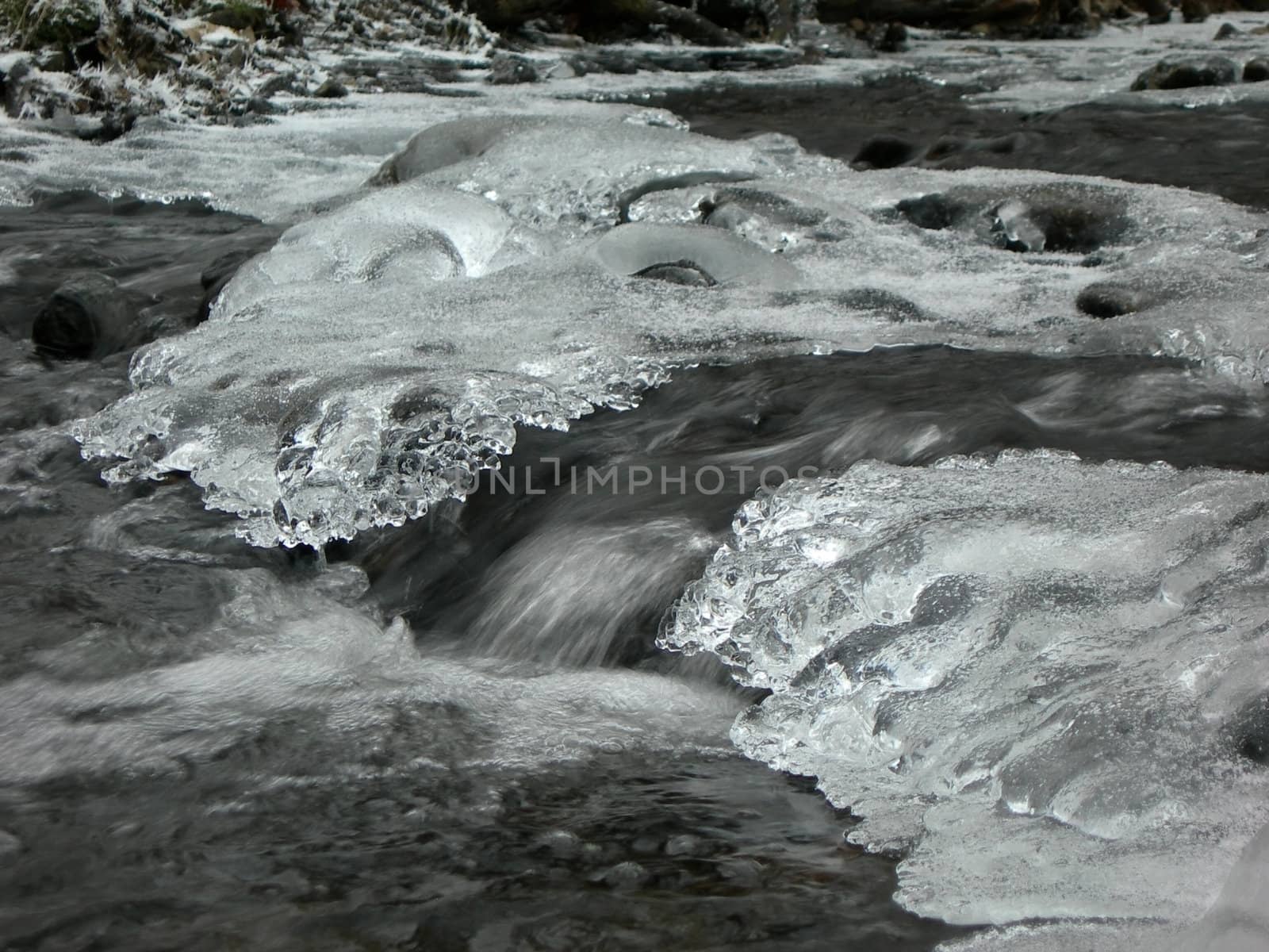 Flowing water in a brook is covered by clear ice