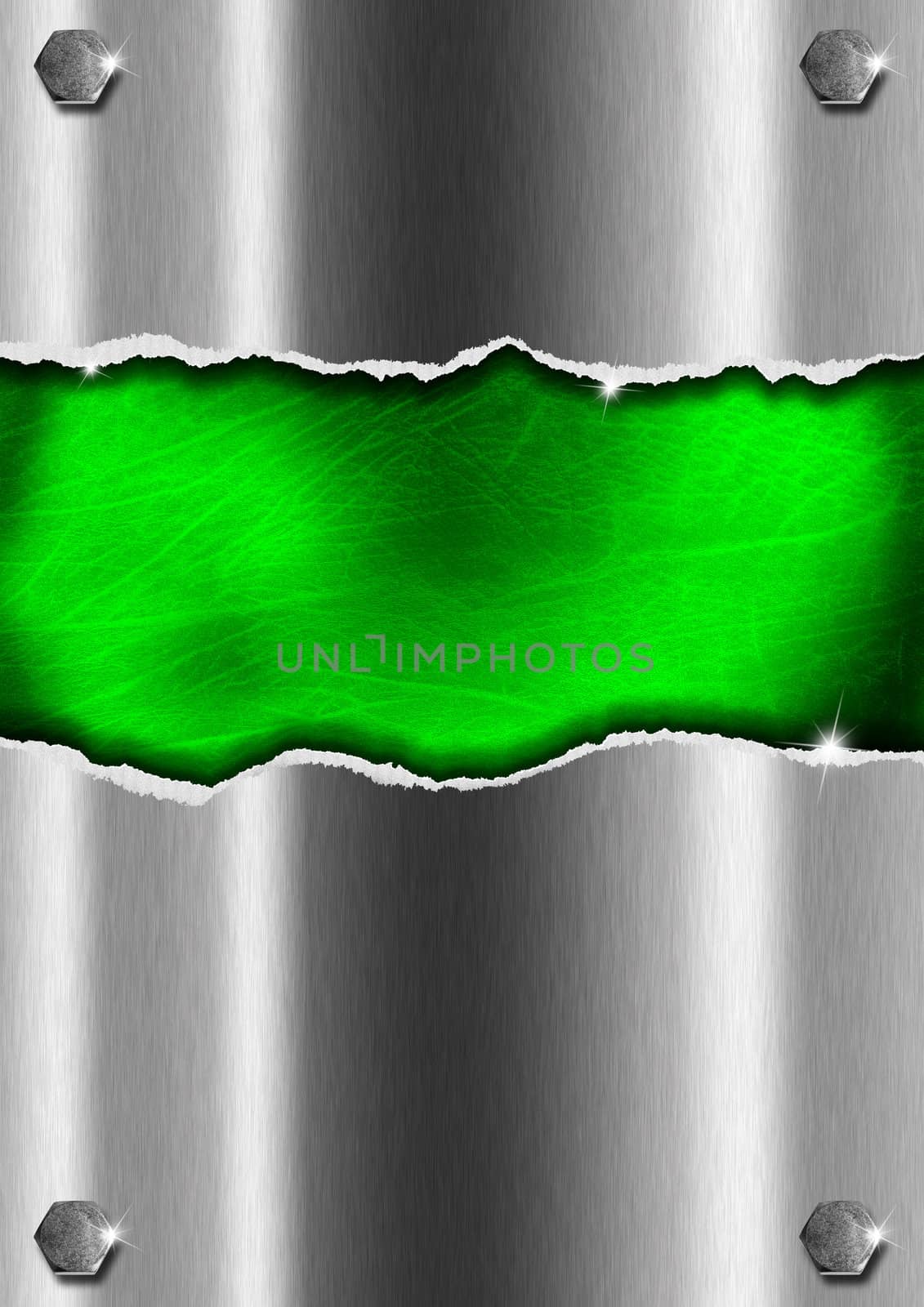 Gray metallic background with green leather and metal bolts heads
